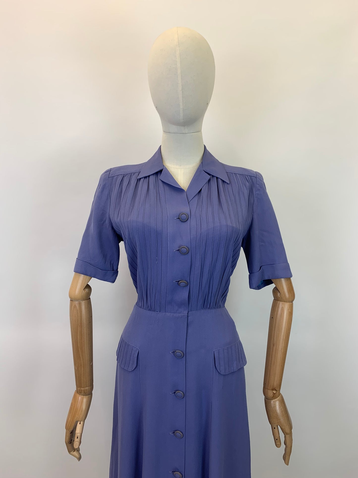 Original 1940's Darling Day Dress - With Delightful Pleatwork in Periwinkle