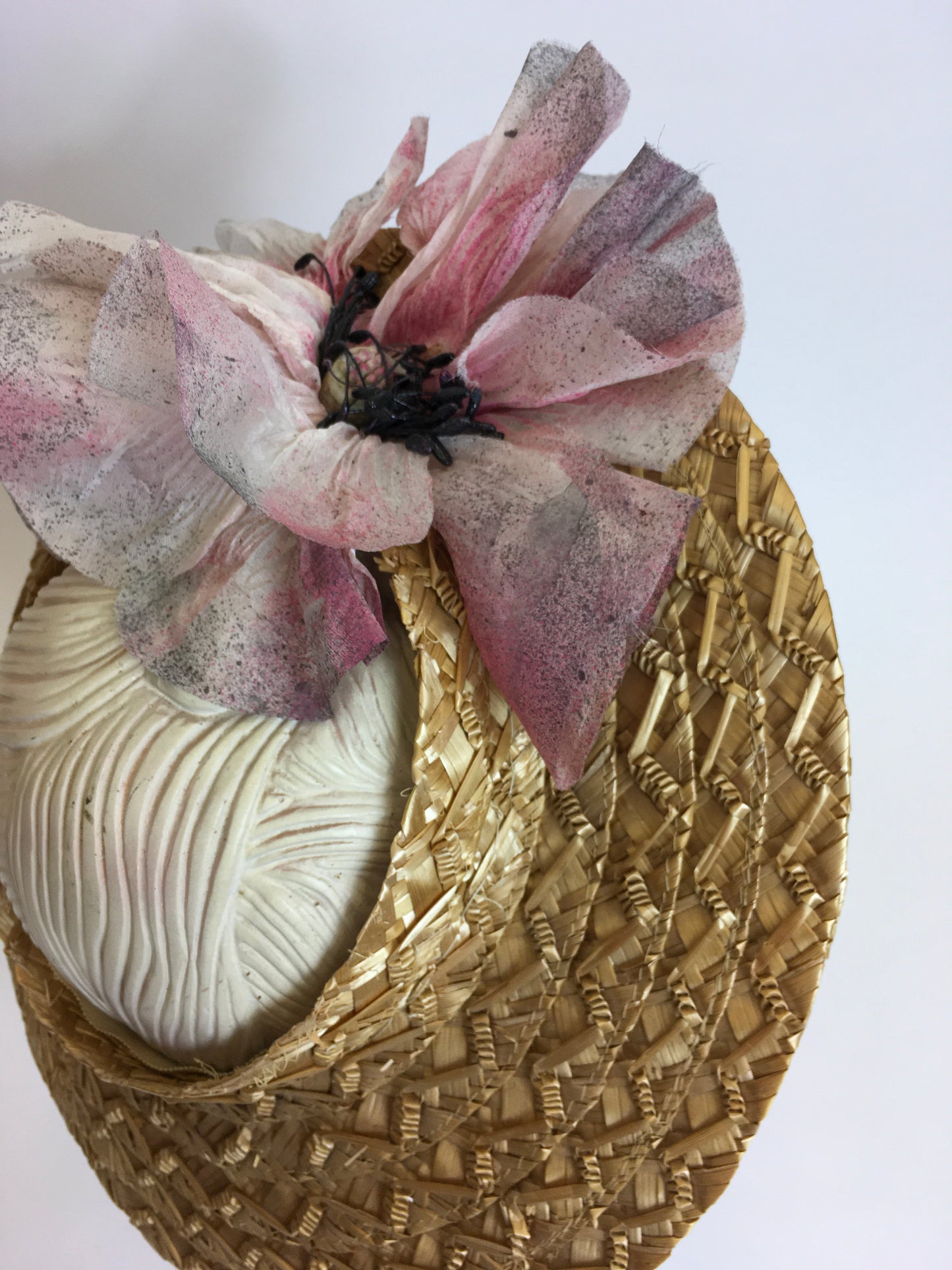 Original 1940’s Summer Open Crown Straw Hat - With Original Floral Adornment