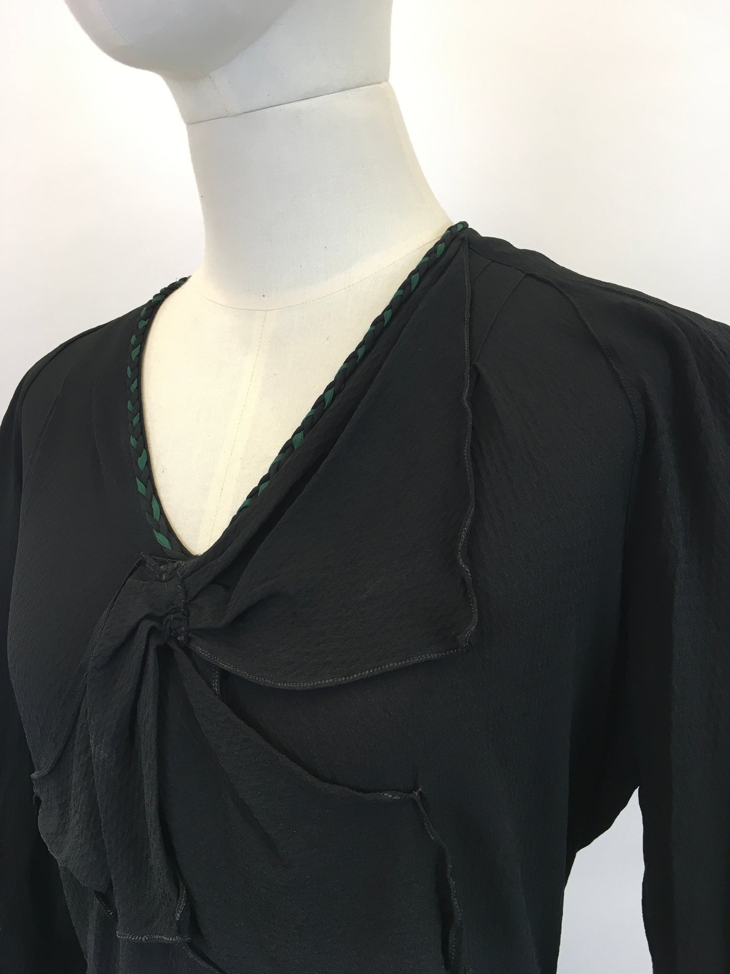 Original 1930's Sensational Evening Dress in Sheer Crepe - In Inky Black with Bottle Green Accents