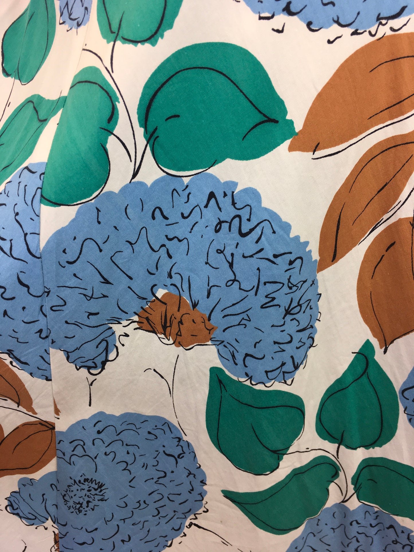 Original Late 1940’s Floral Cotton Day Dress - In Airforce Blue, Caramel Brown, Emerald on Crisp Off White