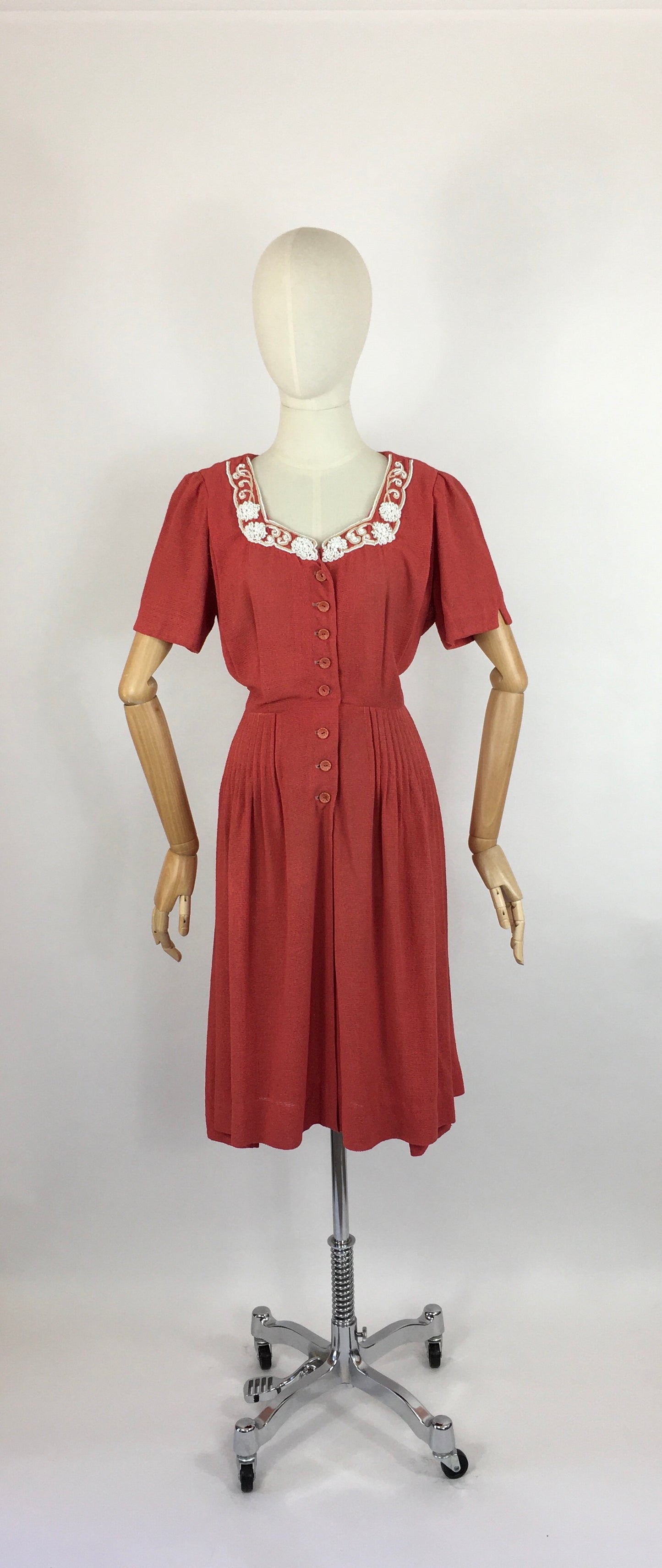 Original 1940’s Dress By ‘ Travelcraft by Sportscraft’ - In a Beautiful Deep Coral with White Floral Beadwork