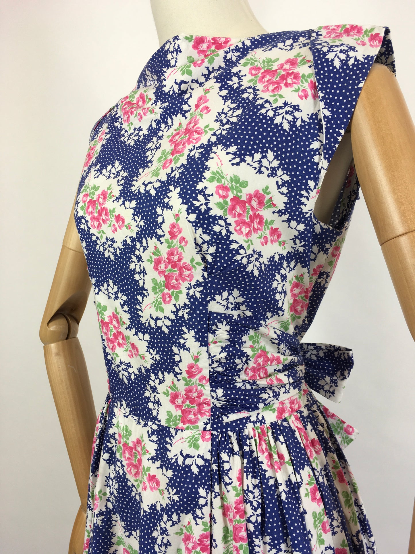 Original 1950s Darling Floral Day Dress - In a Beautiful Crisp Cotton in Rich Blue, Powder Pinks, White and Grassy Green.