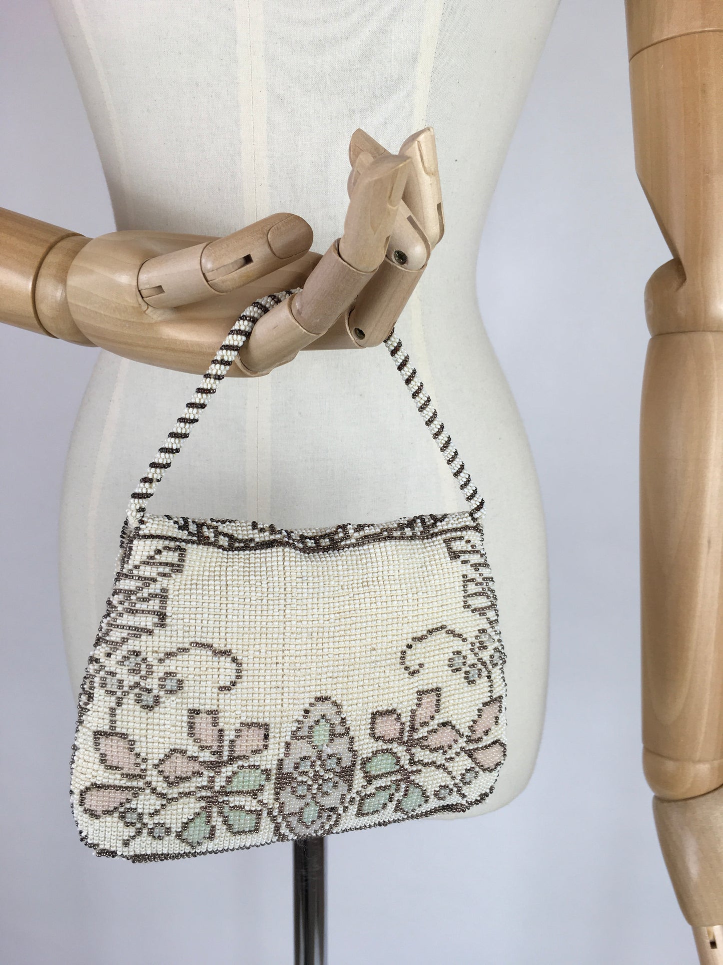 Original 1930s Beaded Evening Bag - With hues of Pastel Blush Pinks, Cornflower Blues and soft Greens on White