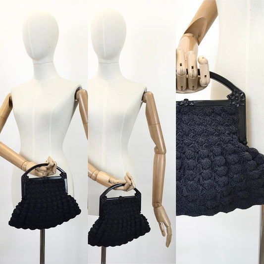Original Stunning 1930's Popcorn Crochet Handbag - With Celluloid Embossed Handle in Navy