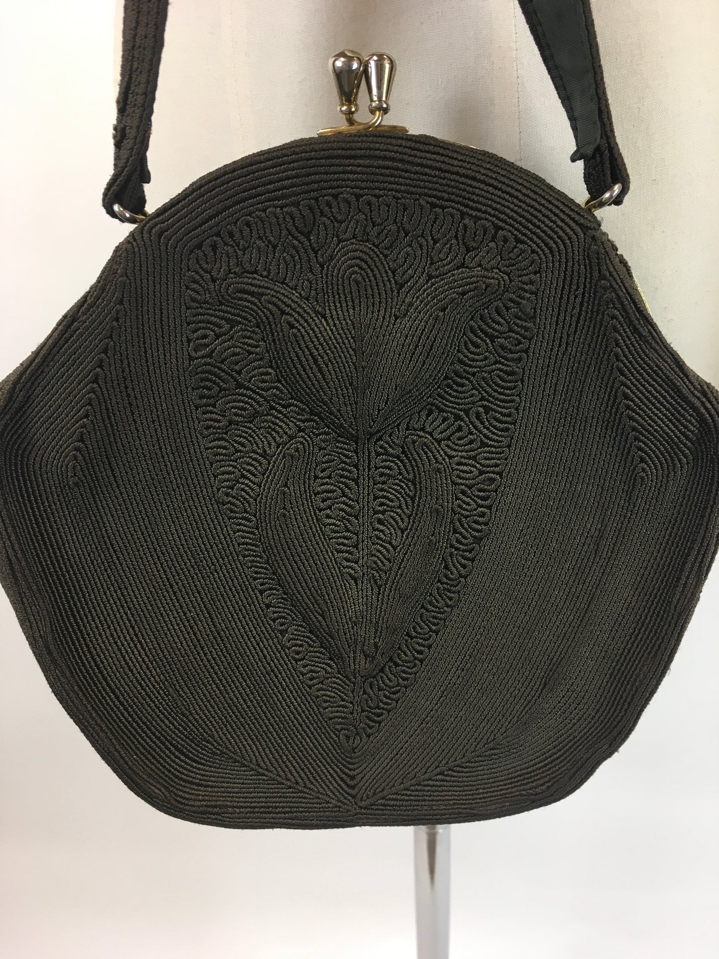 Original 1940’s Dark Brown Corde Handbag - With Exquisite Floral Motif