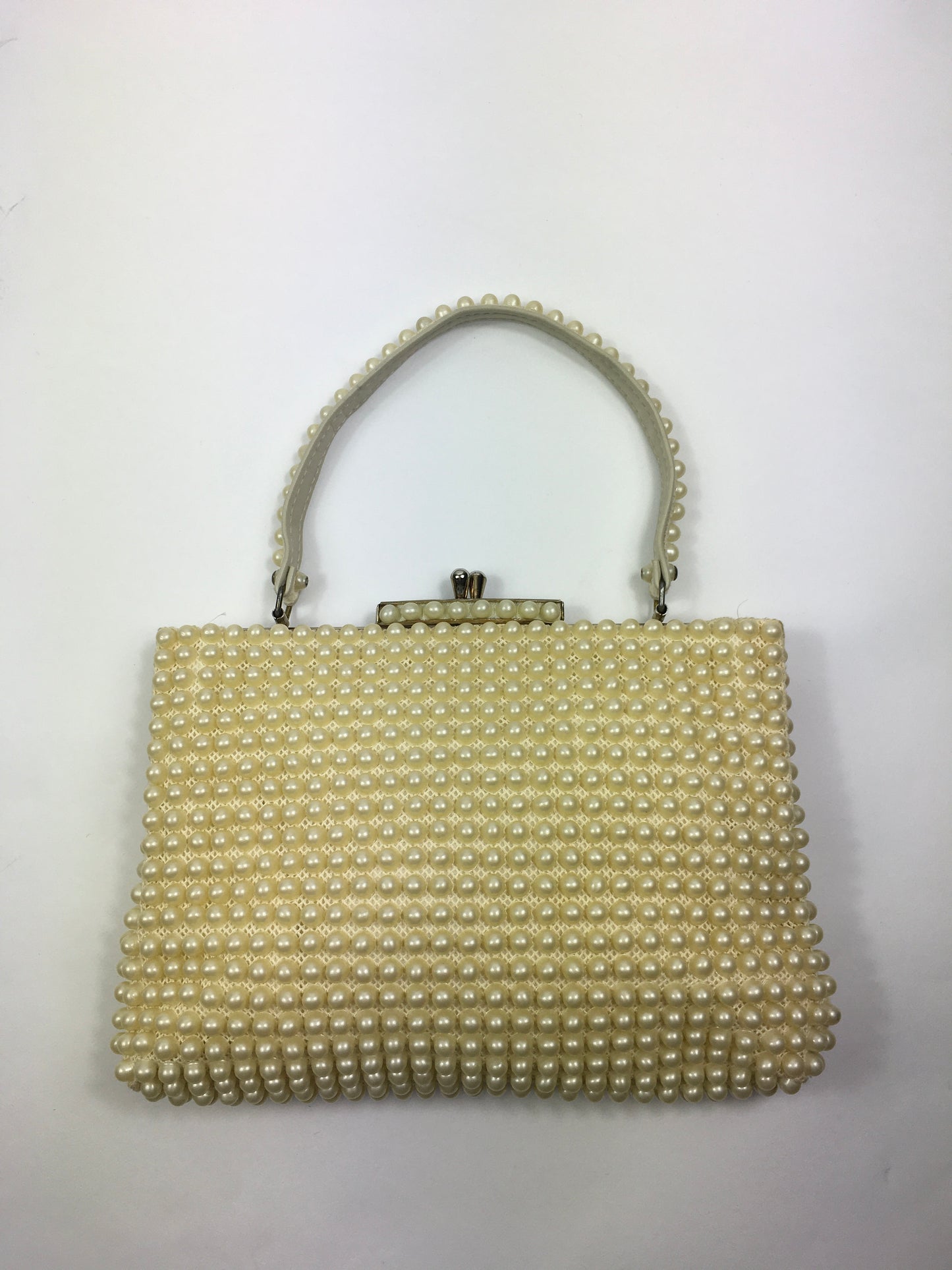 Original 1950’s Fabulous Pearly Handbag - In A Lovely Warm Cream With Internal Pocket Mirror