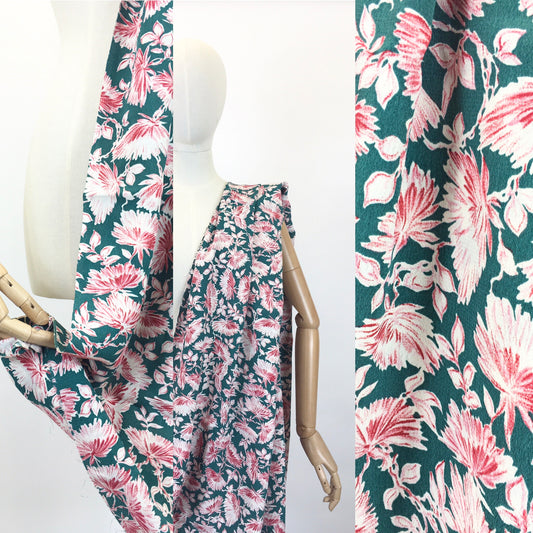 Original 1940’s Rayon Crepe Fabric - In A Jade Green and Deep Wine Floral 1.2 Metres
