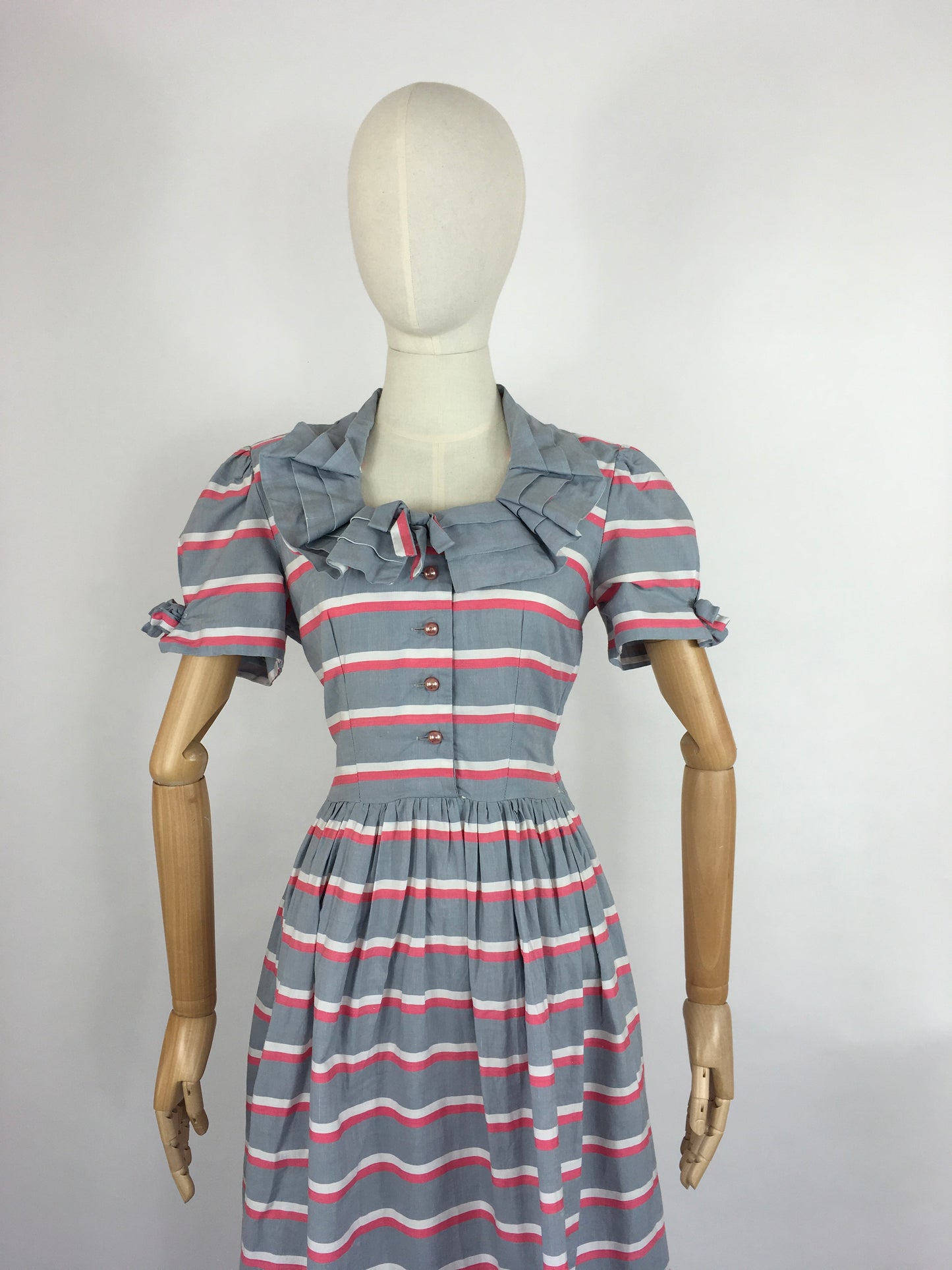 Original Early 1940s Cotton Day Dress - Lovely Stripe In Soft Greys, Bright Pinks and White