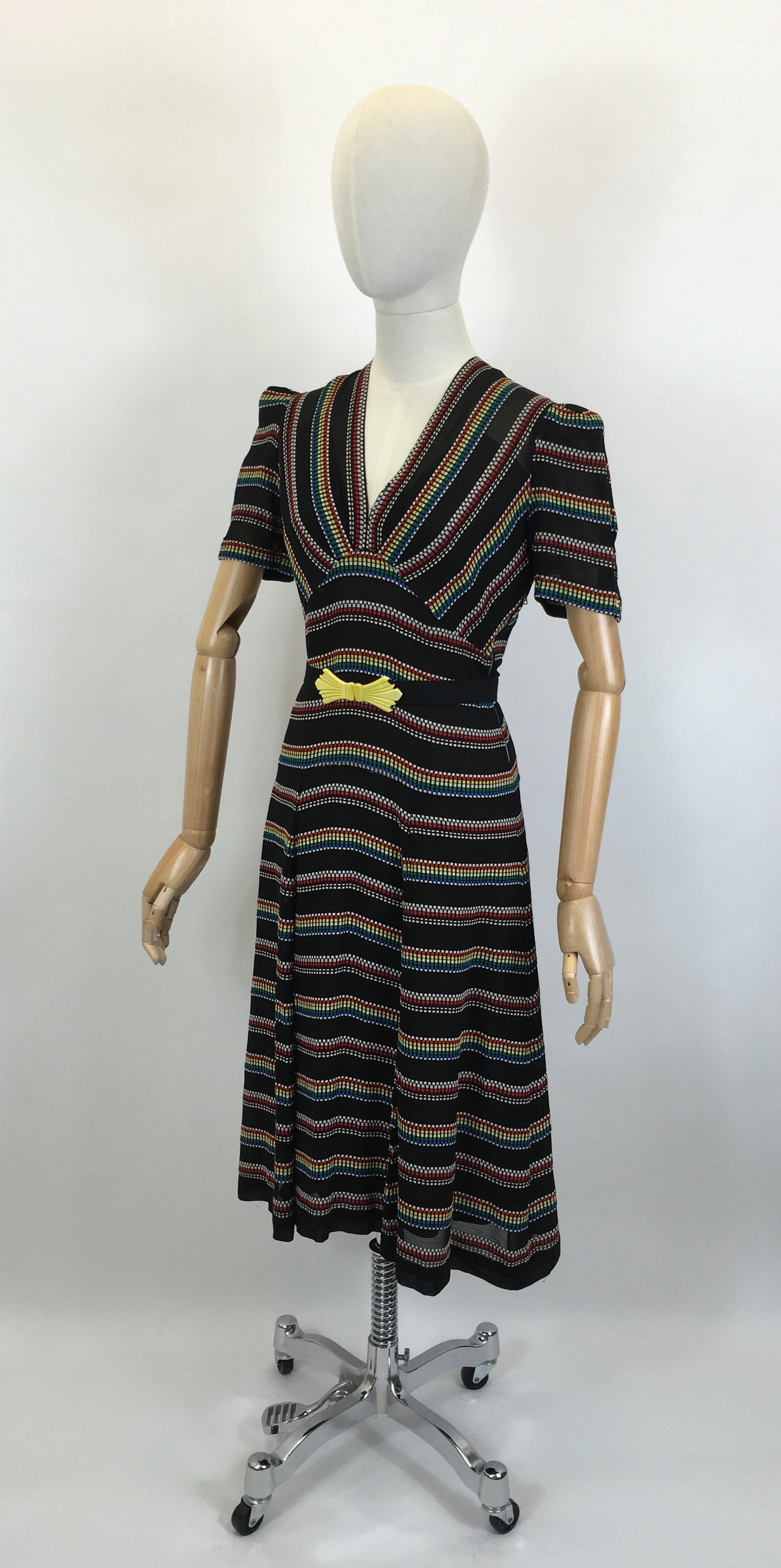 Original 1930’s Stunning Dress in a Sheer Crepe - With A Multicoloured Embroidered Weave