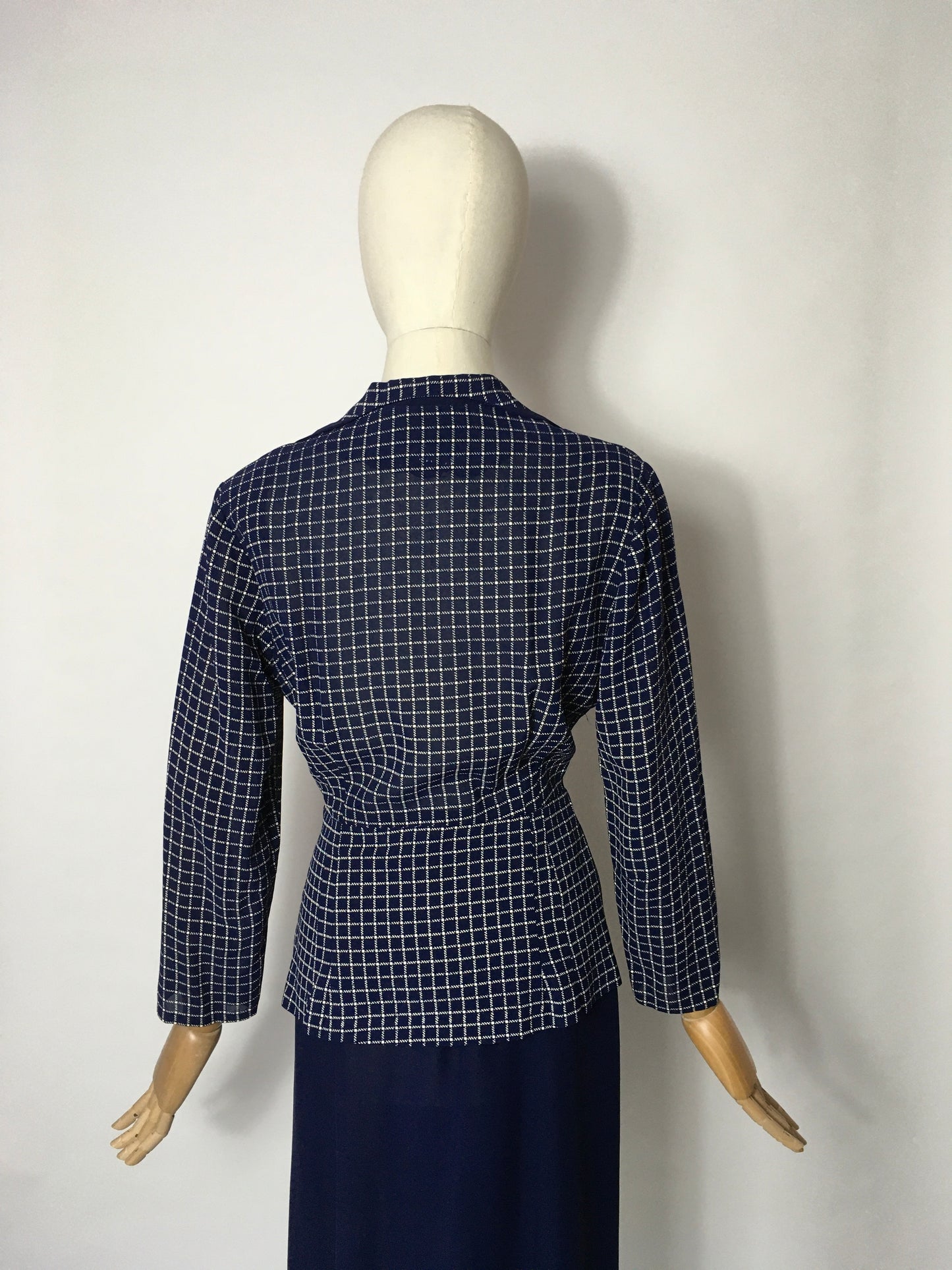 Original 1940’s Illusion Dress with Sharp Collar - Contrast Check & Navy Rayon