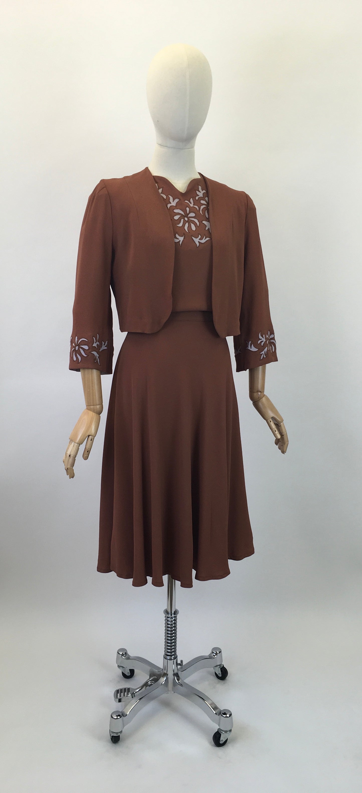 Original 1940's Darling 2Pc Dress & Bolero Set - In A Soft Brown With Grey Accents