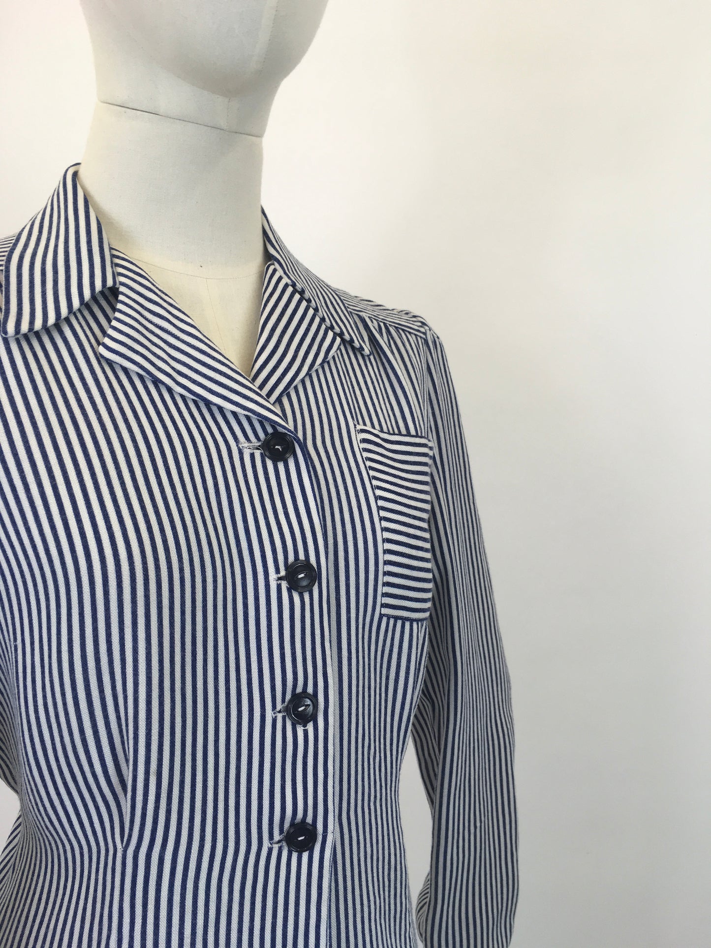 Original 1940's Fabulous CC41 Utility Blouse - In A Classic Navy & White Linen