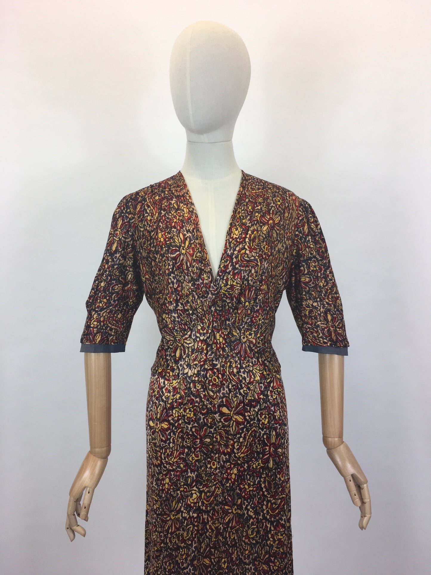 Original 1940’s STUNNING Rayon Jersey Dress AS IS - In Reds, Purples, Yellows & Navy