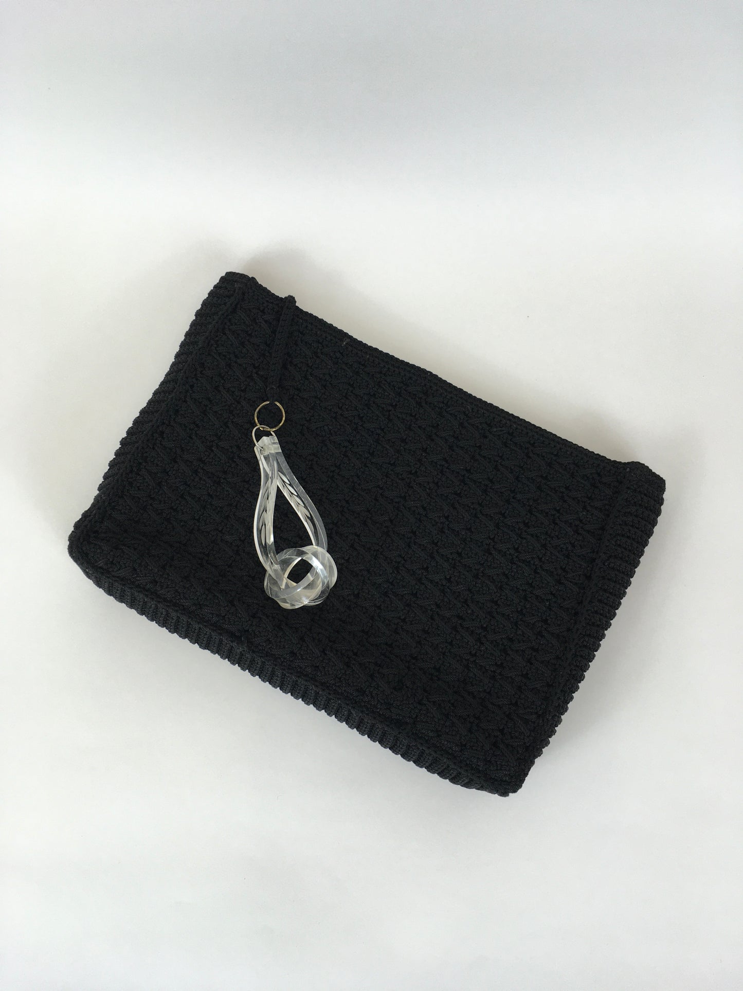Original 1940’s Beautiful Crochet Clutch Bag in Black - With Large Lucite Pull