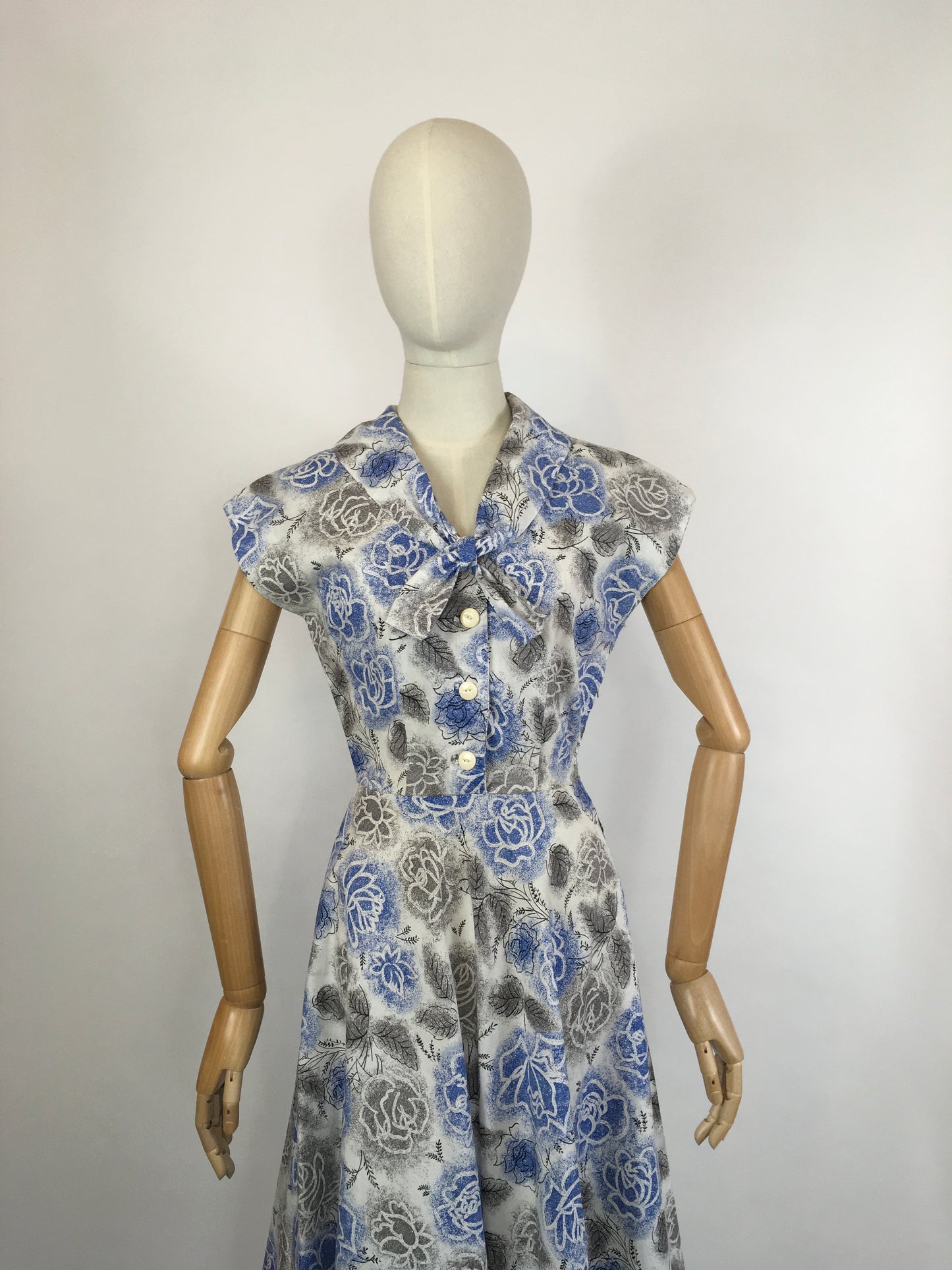 Original late 1940s Floral Dress - In A Crisp Cotton in Soft Greys, Charcoals and Blues