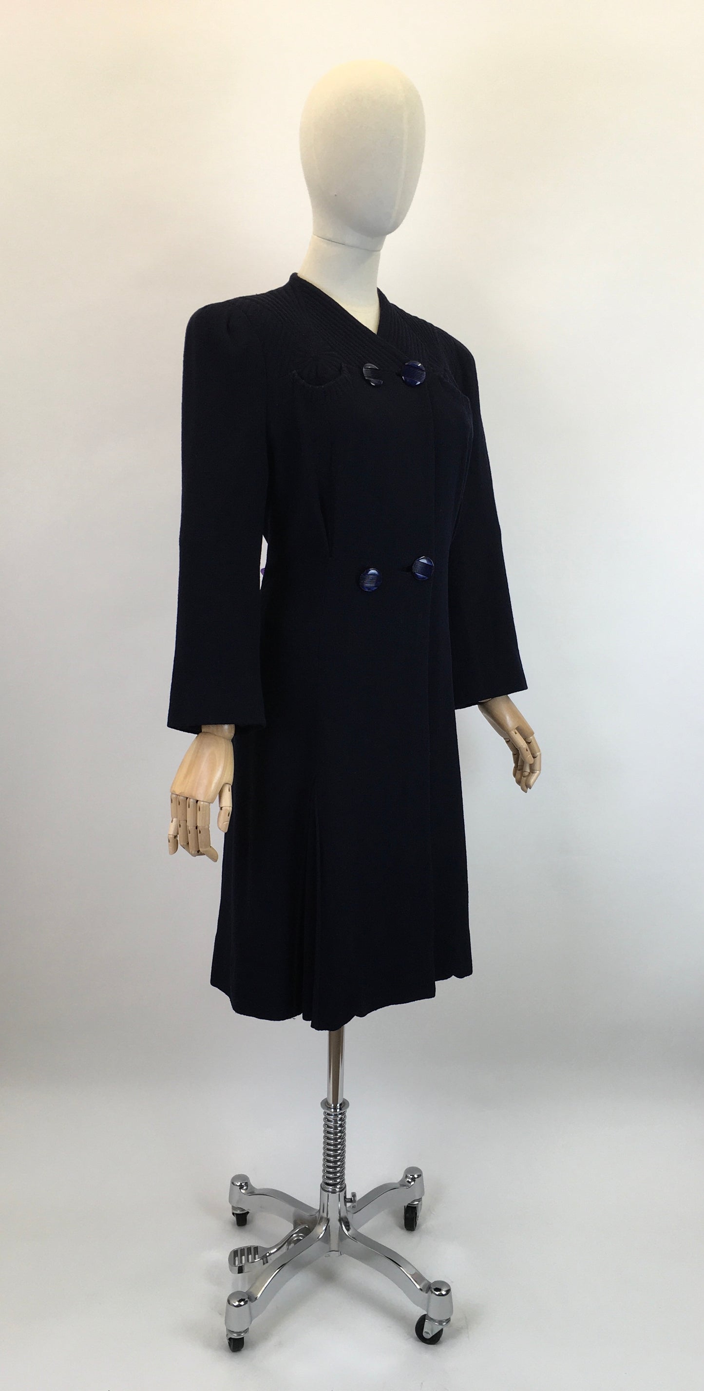 Original 1930’s Darling Navy Wool Crepe Coat - With Stunning Trapunto Detailing