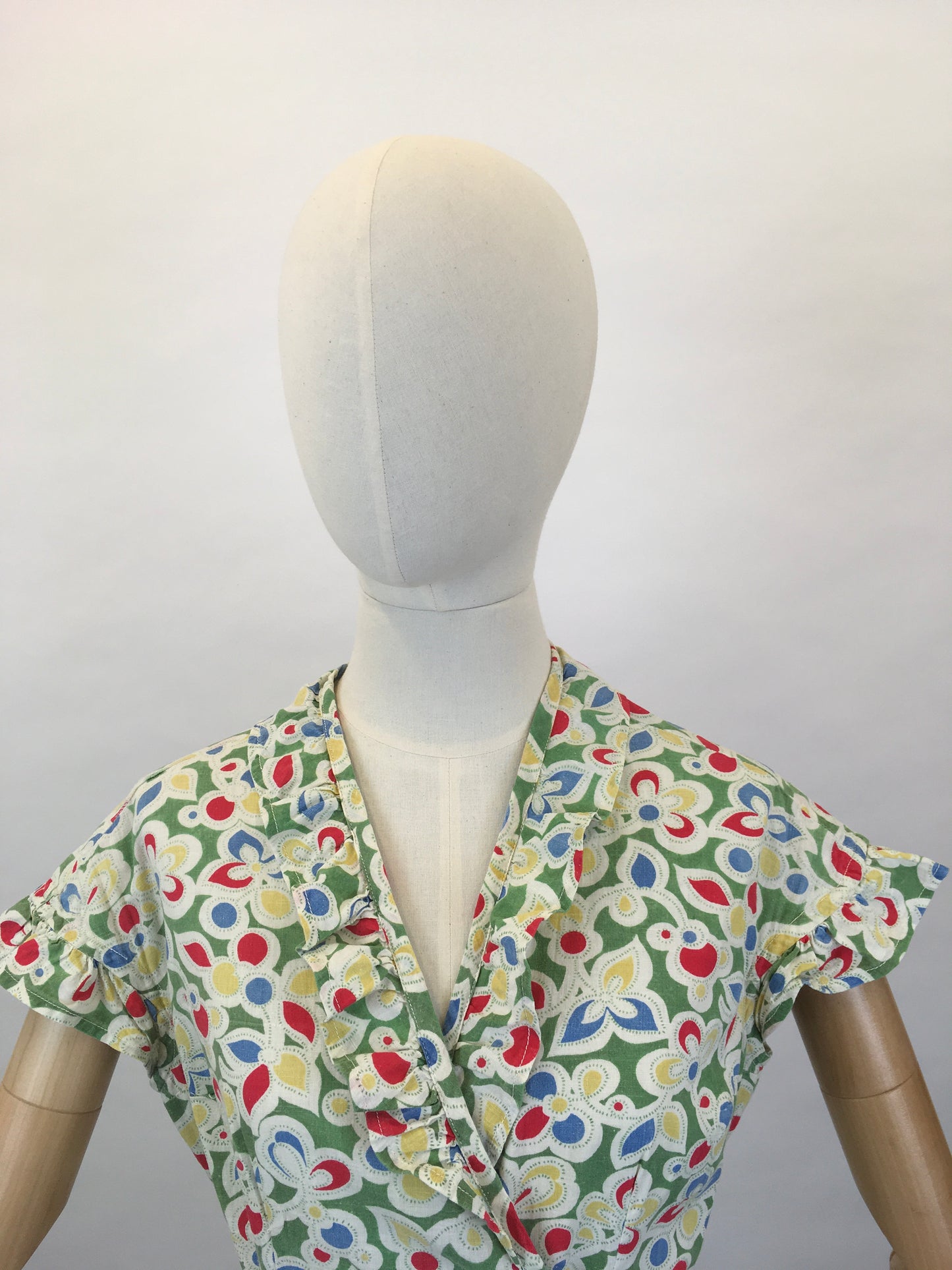 Original Late 1930s Early 1940’s Wrap Dress - In A Beautiful Colour Palette of Deco Green, Yellow, Red and Blue