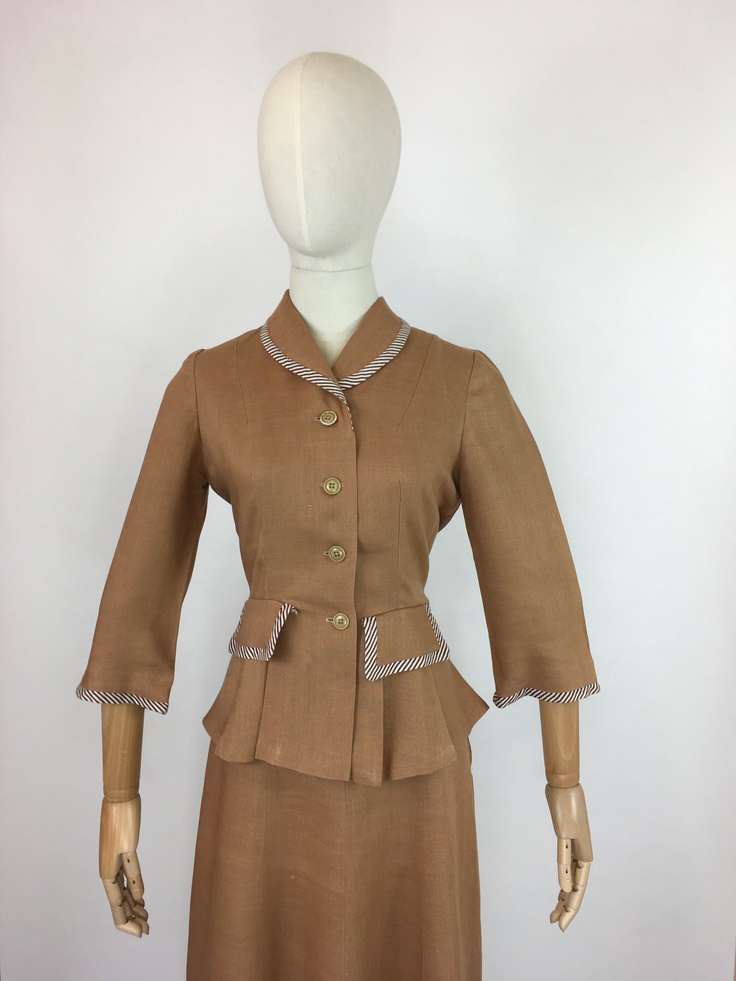 Original 1940’s 2 Piece Suit - In a Beautiful Soft Caramel Linen Colour With Contrast Stripe Detailing