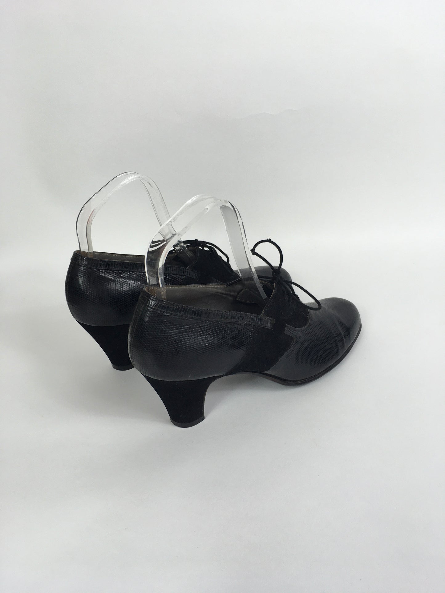 Original 1940’s Black Suede & Leather Heeled Brogues - Stunning Detailing And Shape