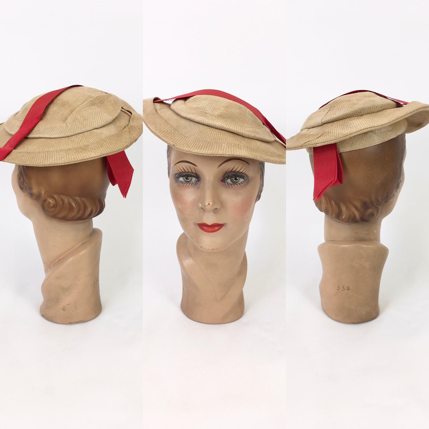 Original 1930's Stunning Natural Straw Cloth Hat - With Zesty Orange Grosgrain Trim