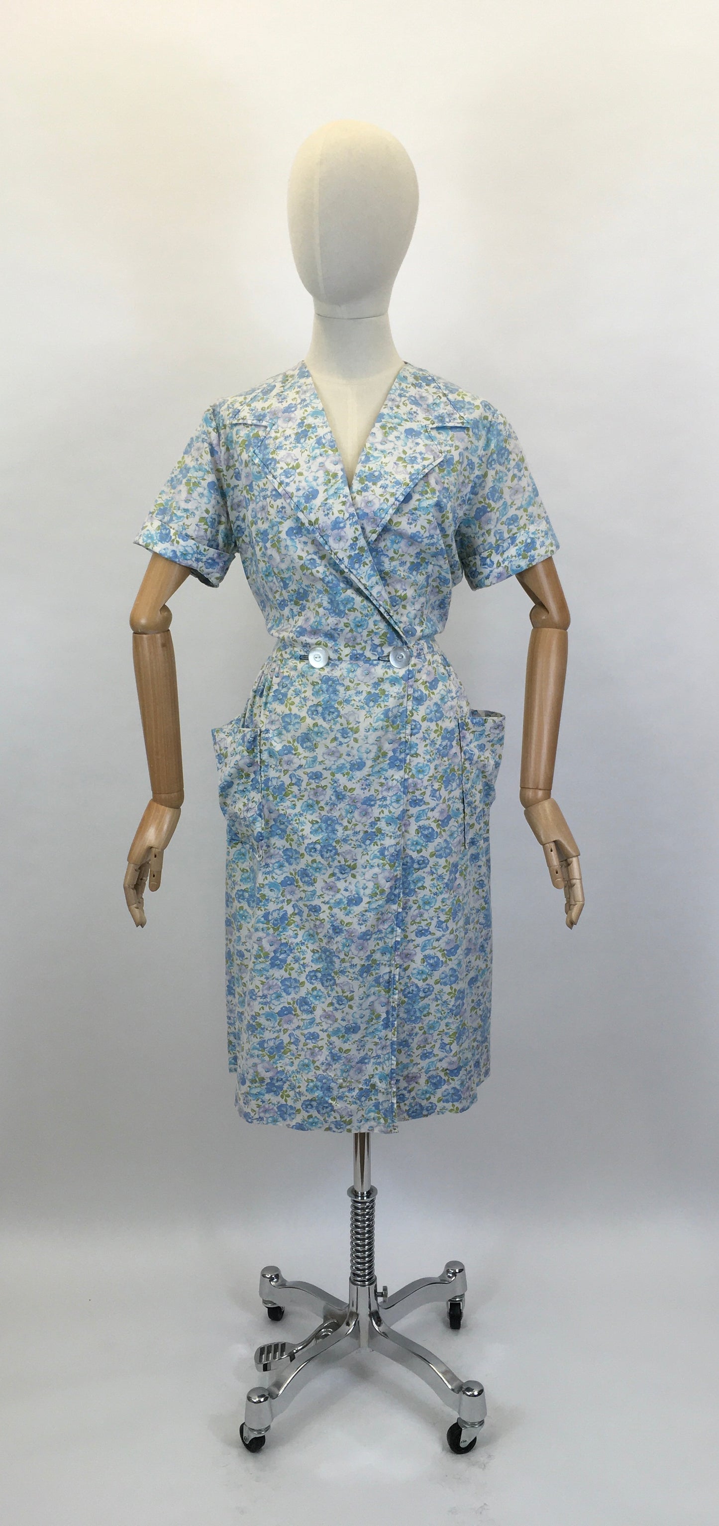 Original 1950’s Floral Cotton Wrap Dress - In A Blue, Green & White Colour Pallet