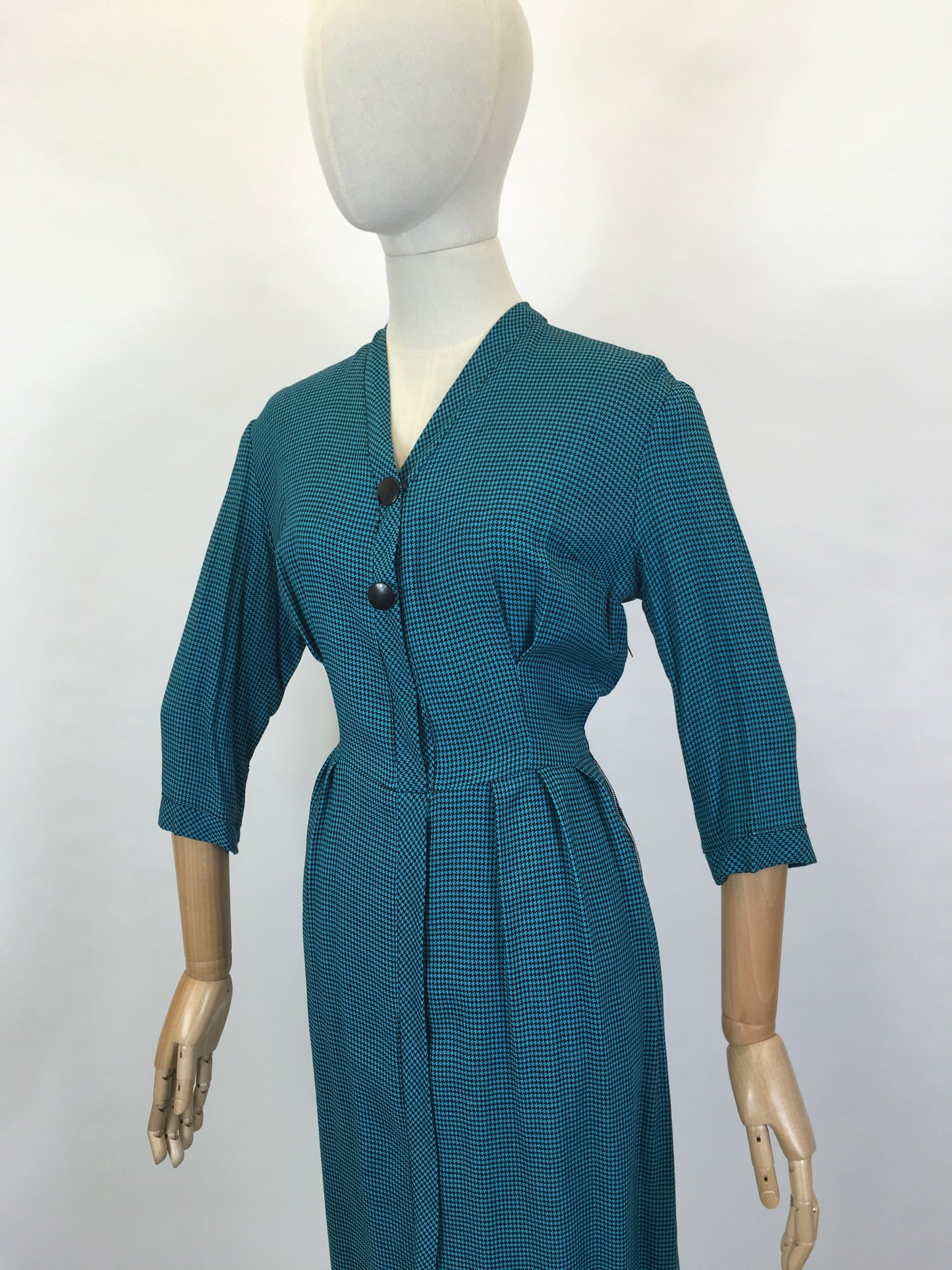 Original Early 1950’s Fabulous Day Dress - In A Lovely Deep Teal Dogtooth Cotton