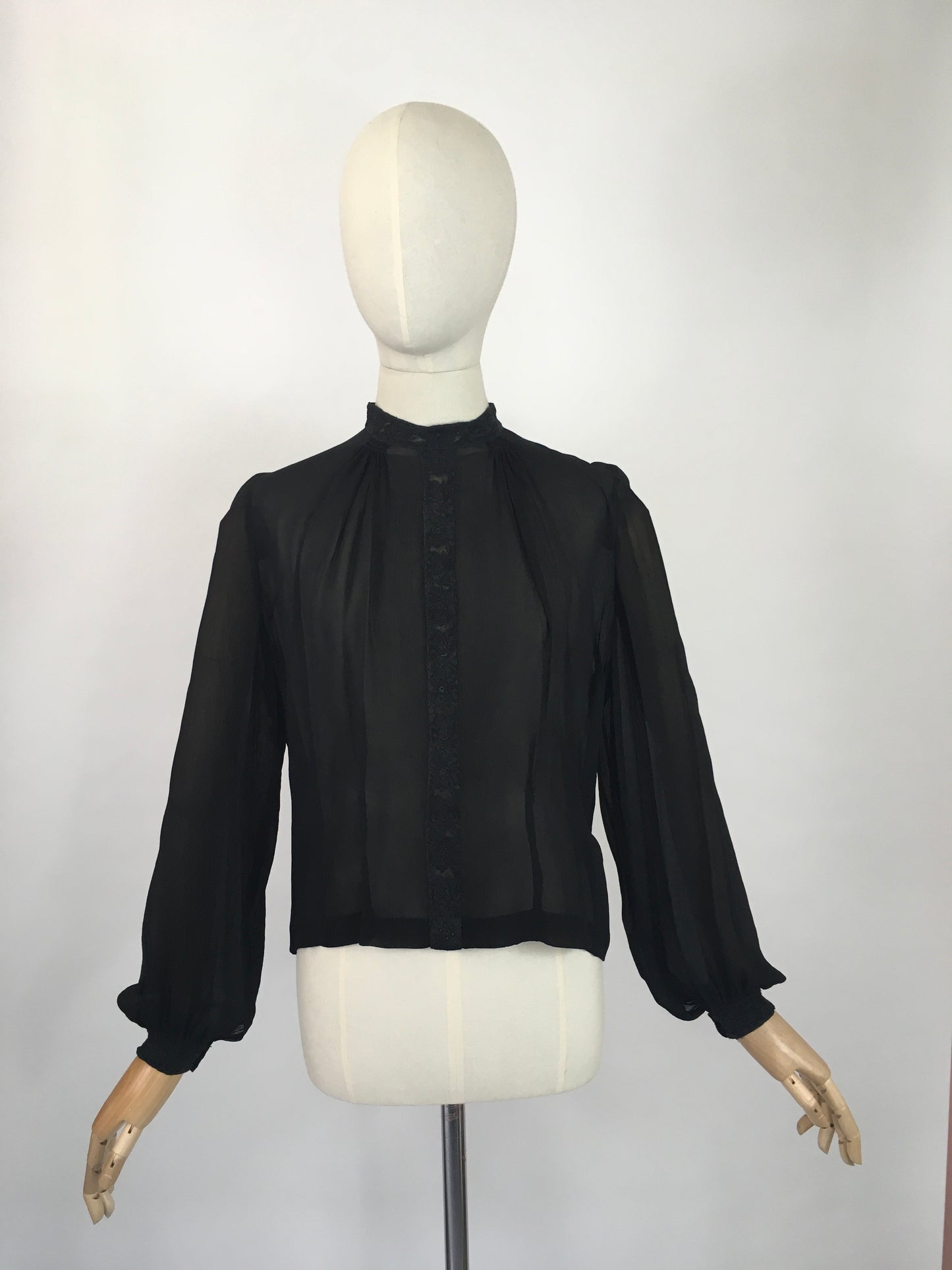 Original 1940’s Darling Sheer Black Blouse - With Beautiful Contrast Lace Detailing