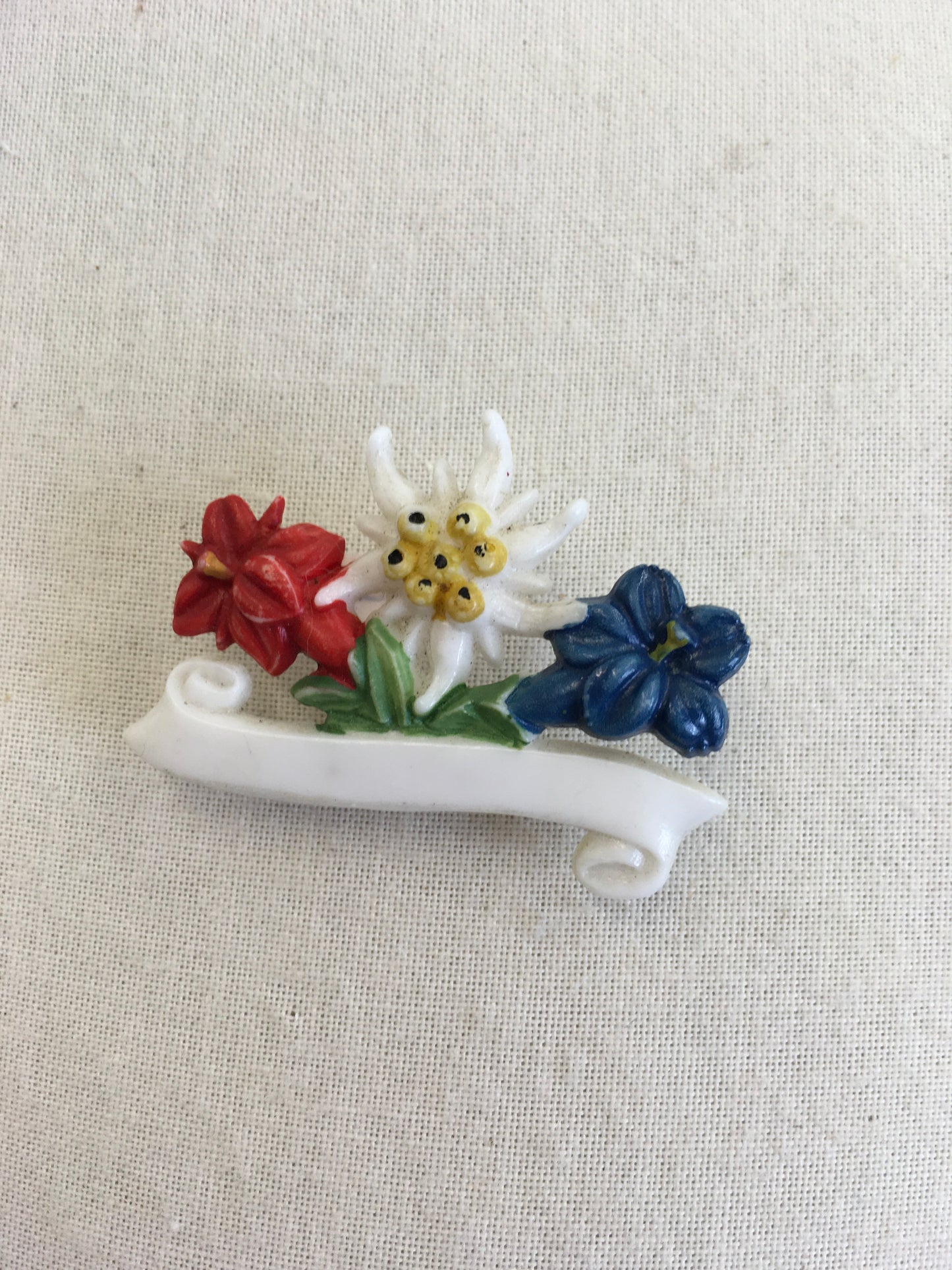 Original 1940’s Early Plastic Floral Brooch - In White, Red, Blue, Yellow & Green