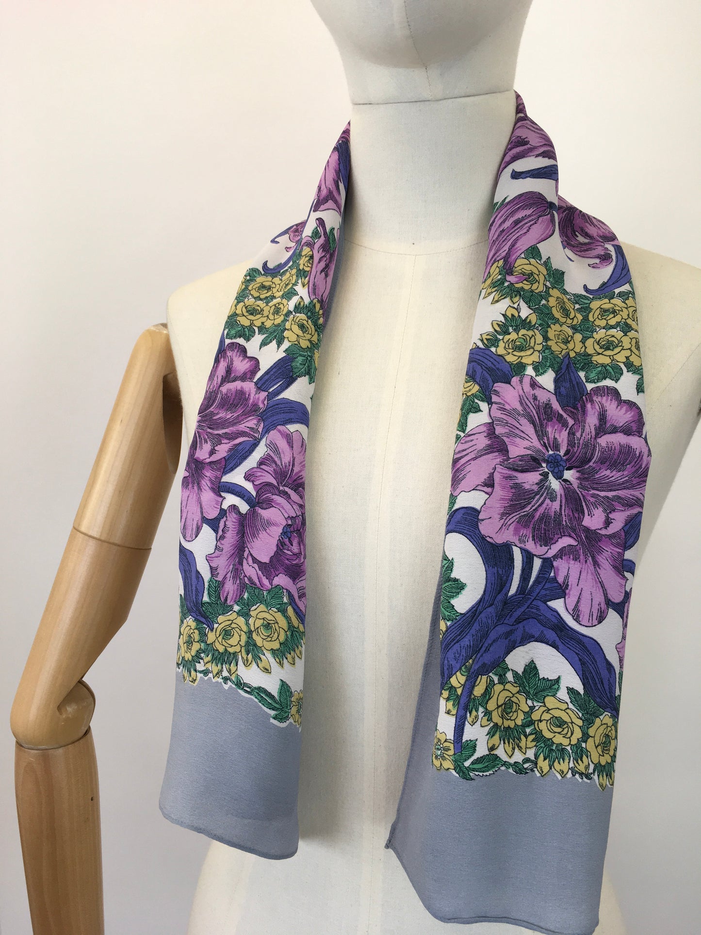 Original 1940's Floral Rayon Scarf - In Rich Purples, Mauves, Yellow & Green