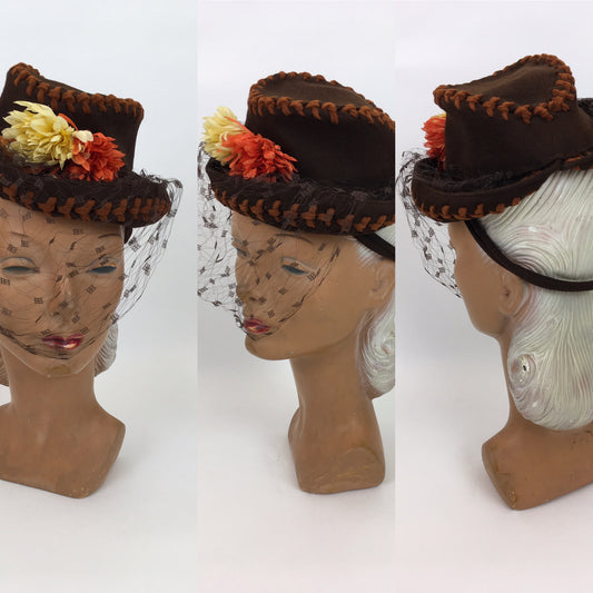 Original STUNNING 1940s American Topper Hat - In an Autumnal Colour Pallet of Warm Brown, Oranges and Yellow