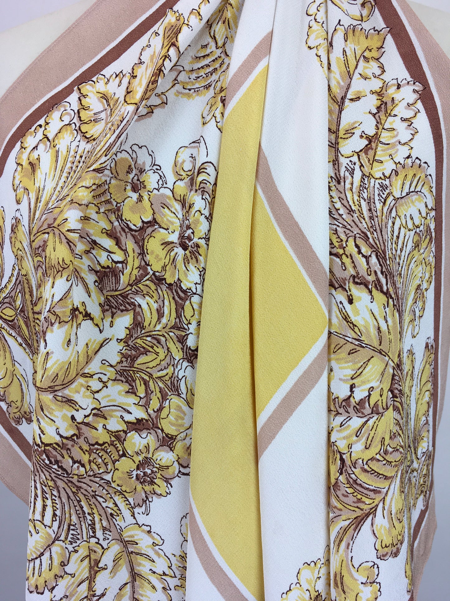 Original 1940s Fine Crepe Scarf - In A Beautiful Floral In Soft Yellows, Fawns, Warm Brown and Creams