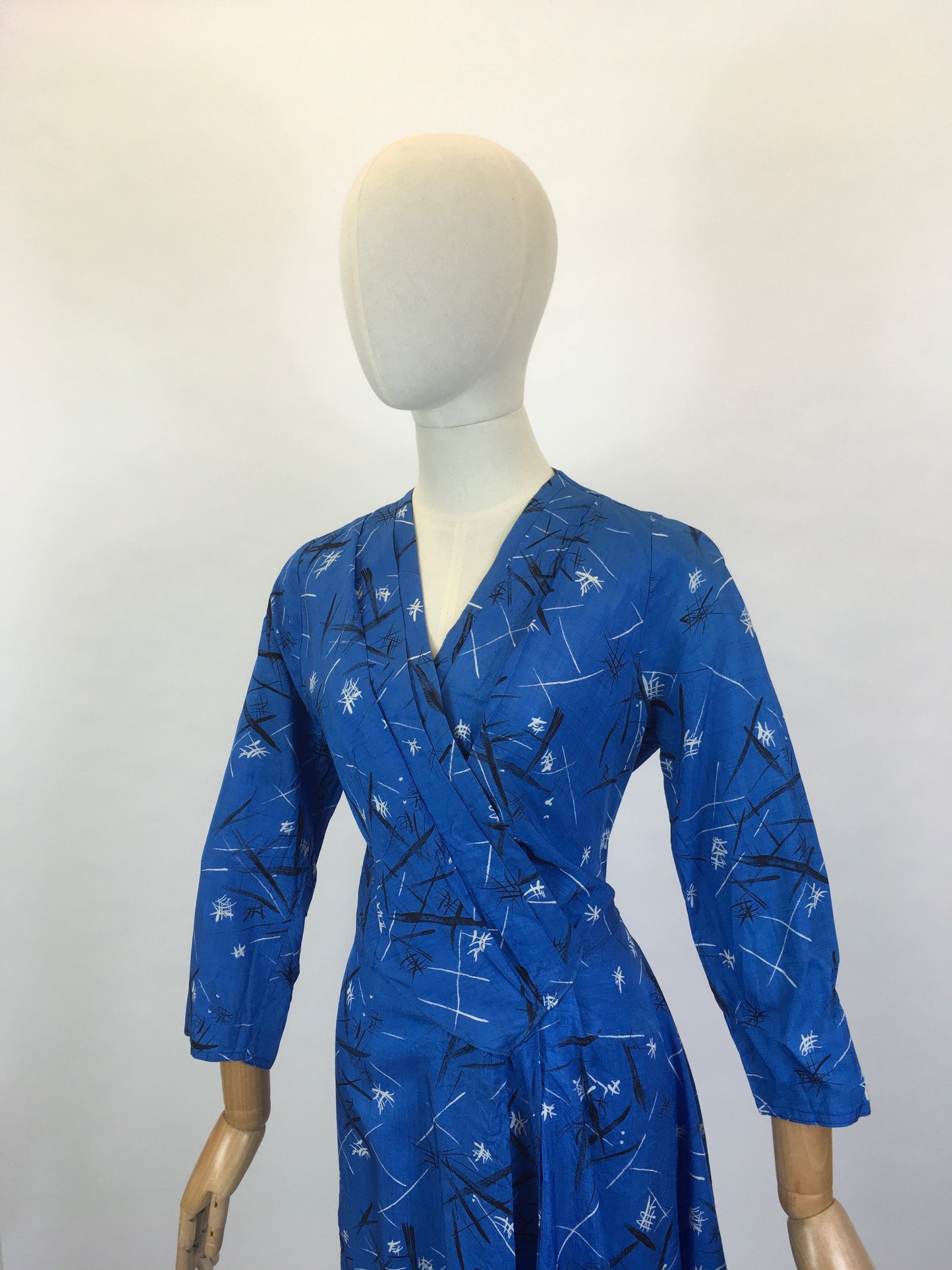 Original 1950’s Fabulous Blue Frock - In An Abstract Print Silk Sateen