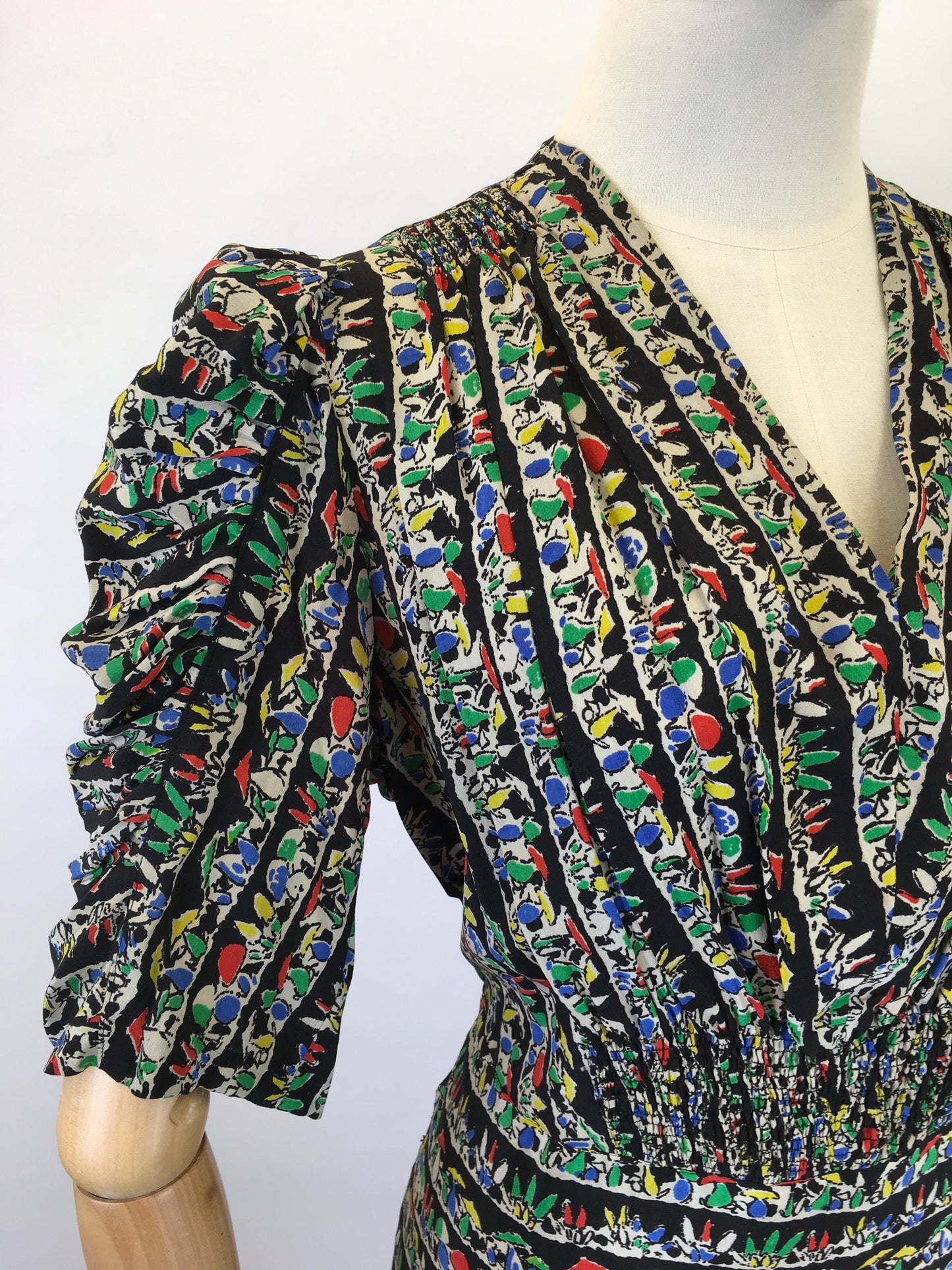 Original 1930s STUNNING Novelty Print Dress - Featuring Toadstools I’m Primary Reds, Yellows, Blues and Greens