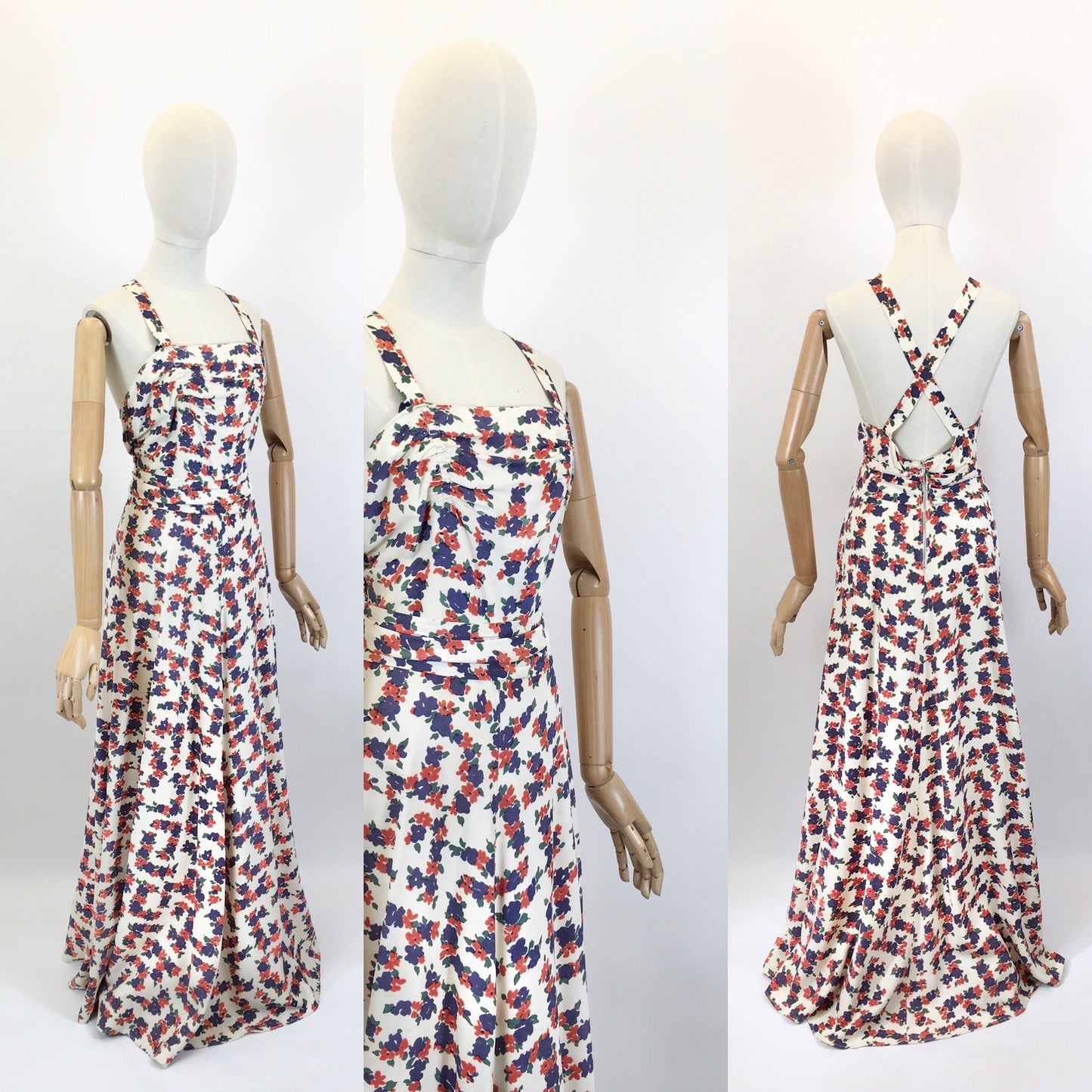 Original Late 1930’s Stunning Evening Gown - Navy & Coral Red Floral Rayon