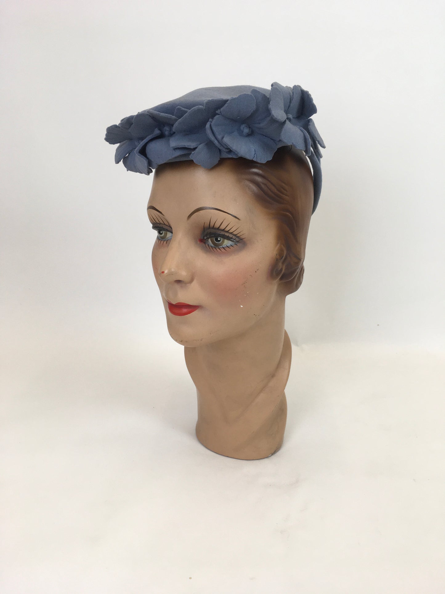 Original 1940’s New York Creations Felt Topper Hat - With Floral Adornment in Cornflower Blue
