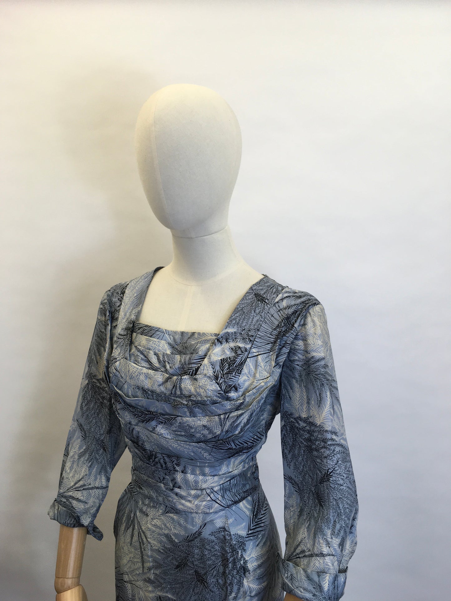 Original 1940’s Cocktail Dress - In a lovely Fern Print Silk in Power Blues and Shades of Grey