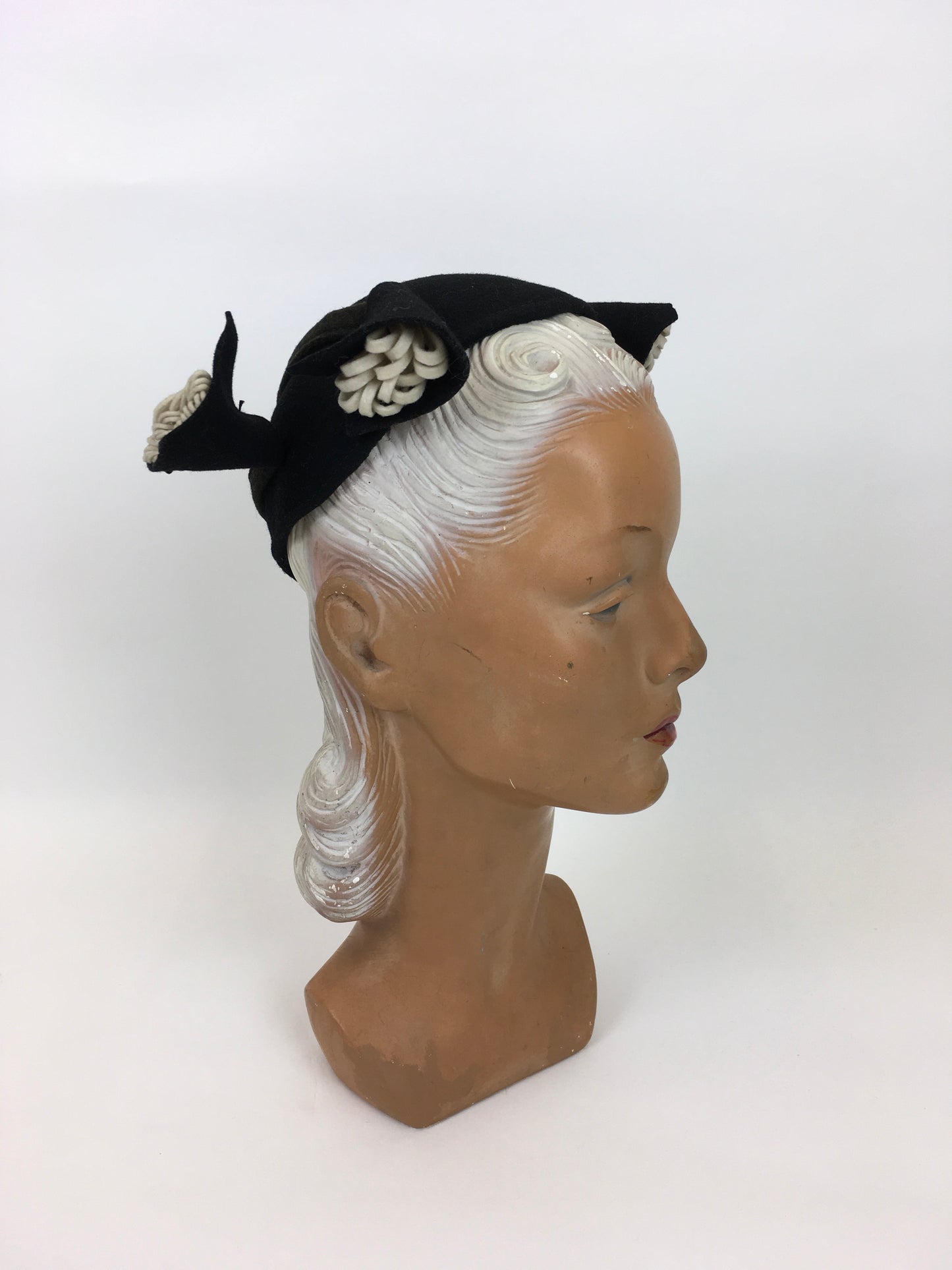 Original 1940s ‘ Henry Pollack ‘ Black Felt Hat - With Ivory and Black Felt Adornments
