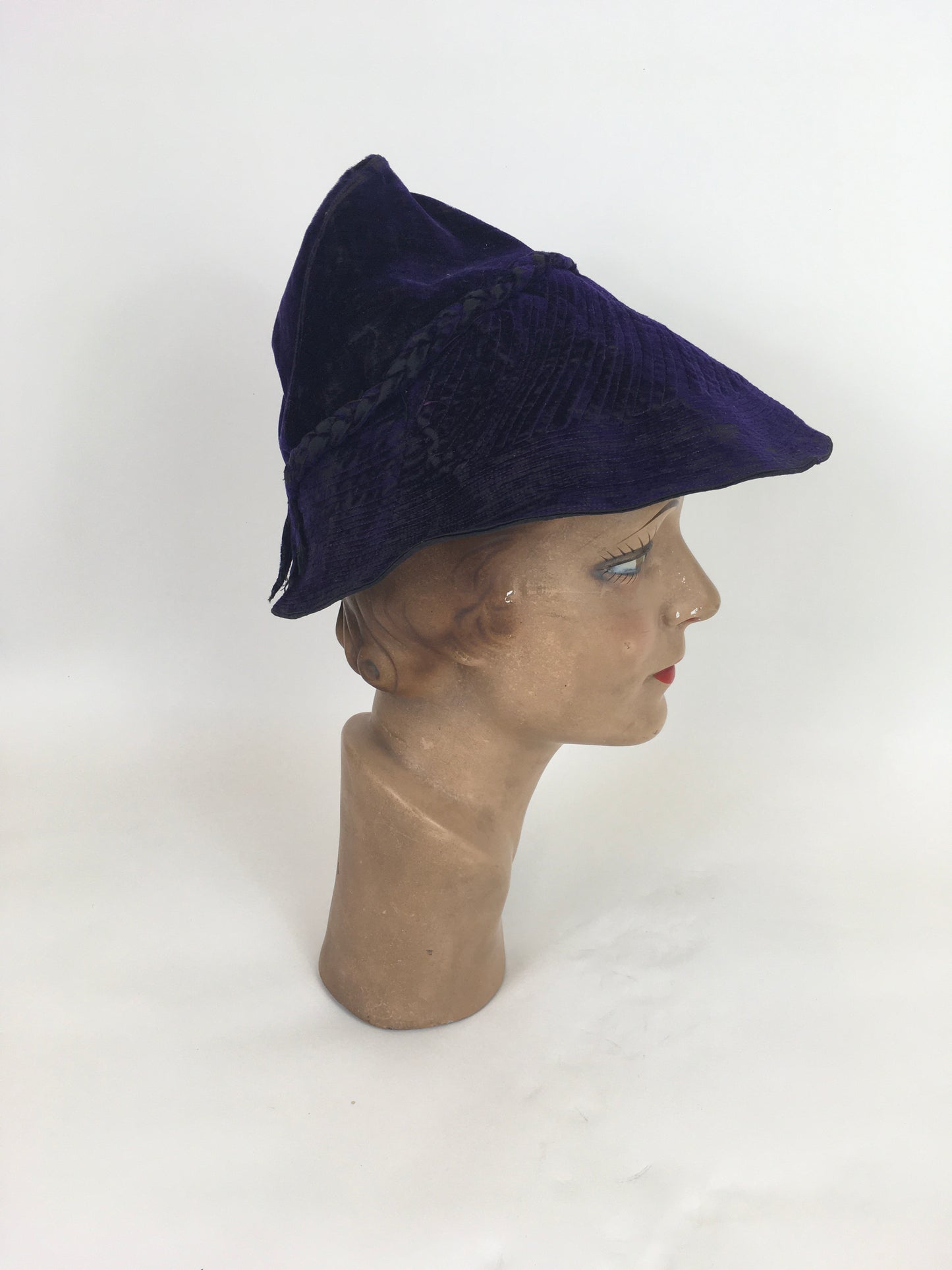 Original 1930’s Sensational Cone Shaped Hat - In A Sublime Cadbury Rich Purple Velvet