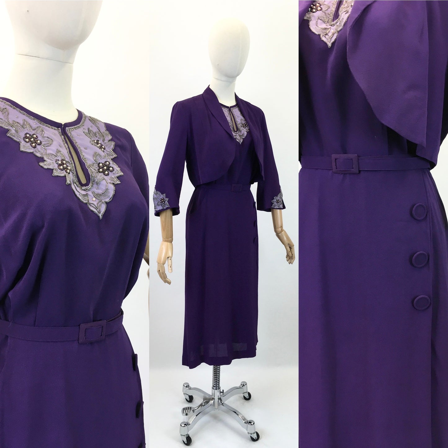 Original 1940's Amazing 3pc Set In Cadbury Purple - With Sensational Beadwork Detailing