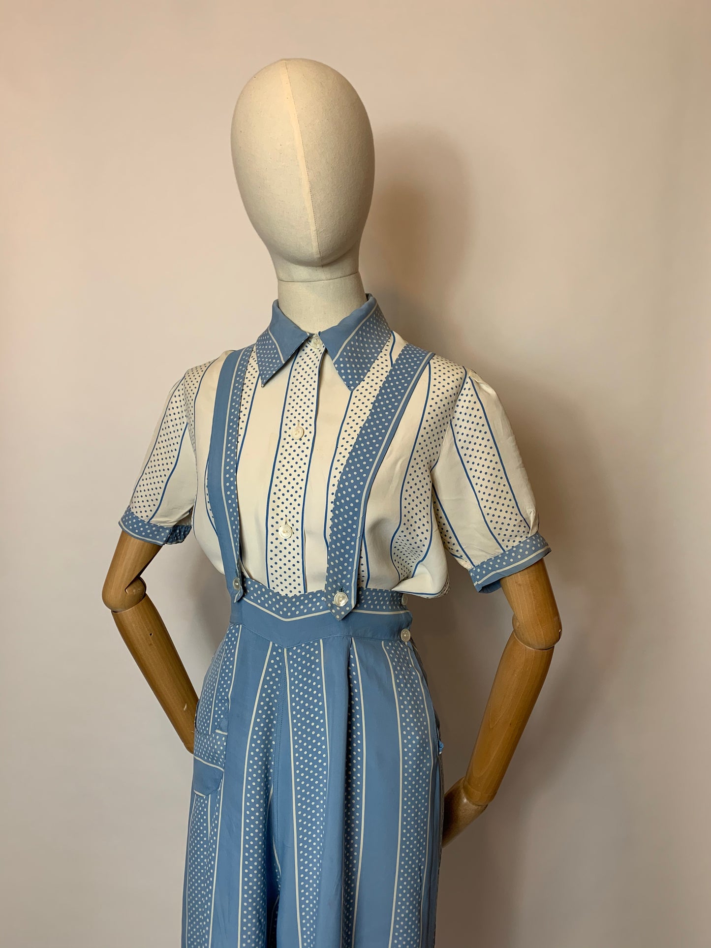 Original 1940’s 2 pc Blouse & Dungaree Set - In the Most Summery Of Colour Pallets with Polka Dots