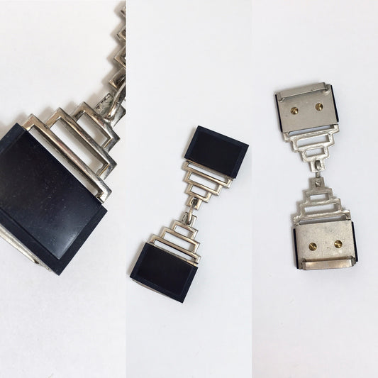 Original 1920's / 1930's Art Deco Buckle - In Silver and Black Glass with Deco Shaping