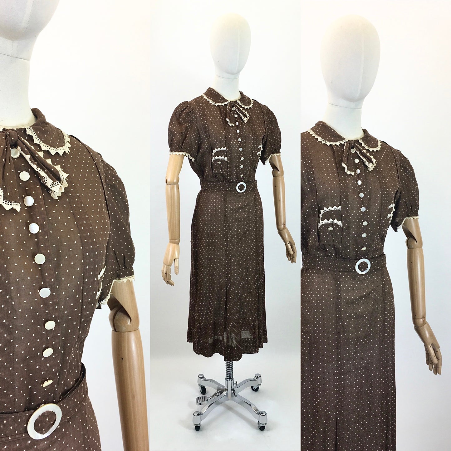 Original 1930's Darling Cotton Lawn Dress - In A Brown & White Polka Dot