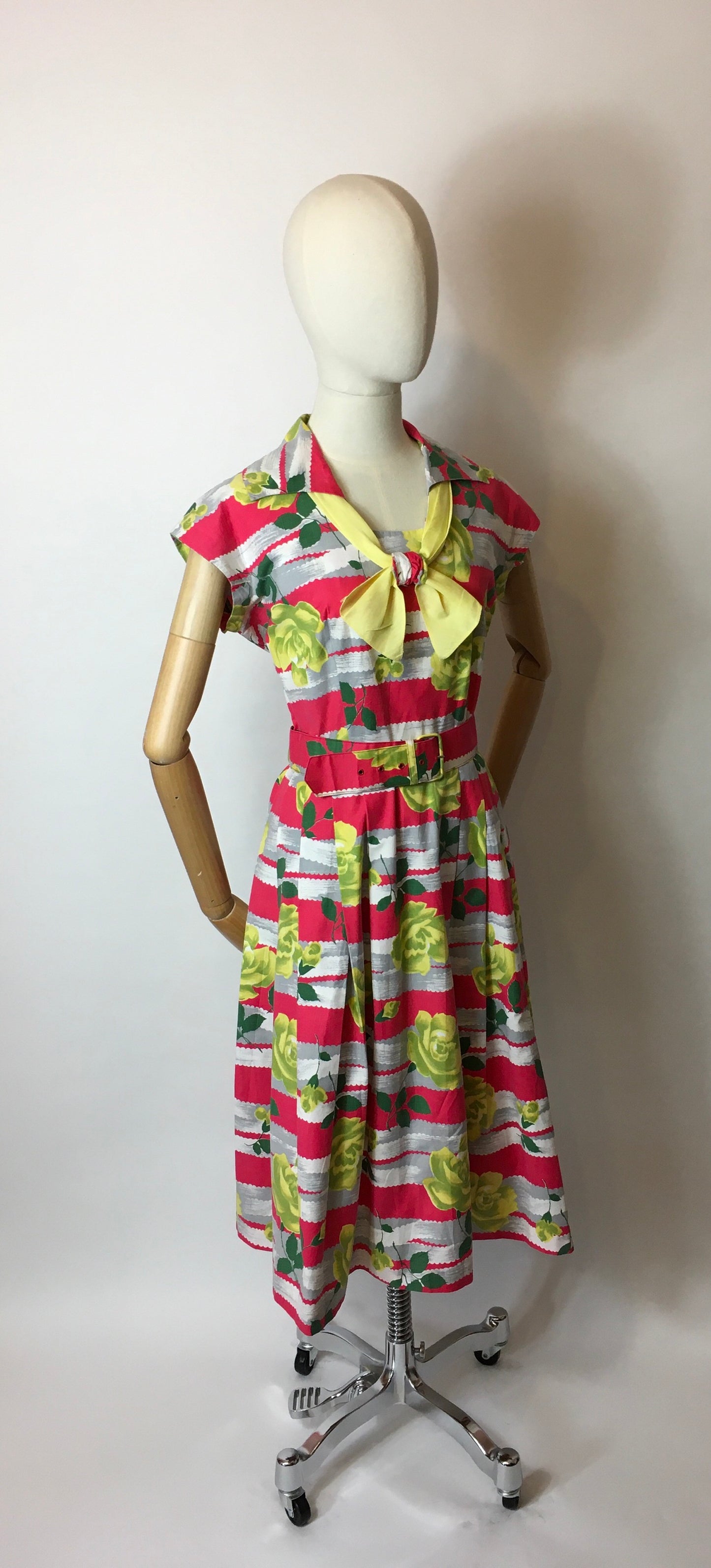 Original 1950s Cotton Day Dress - In a Fabulous Floral Cotton in Bright Pinks, Yellows & Greens