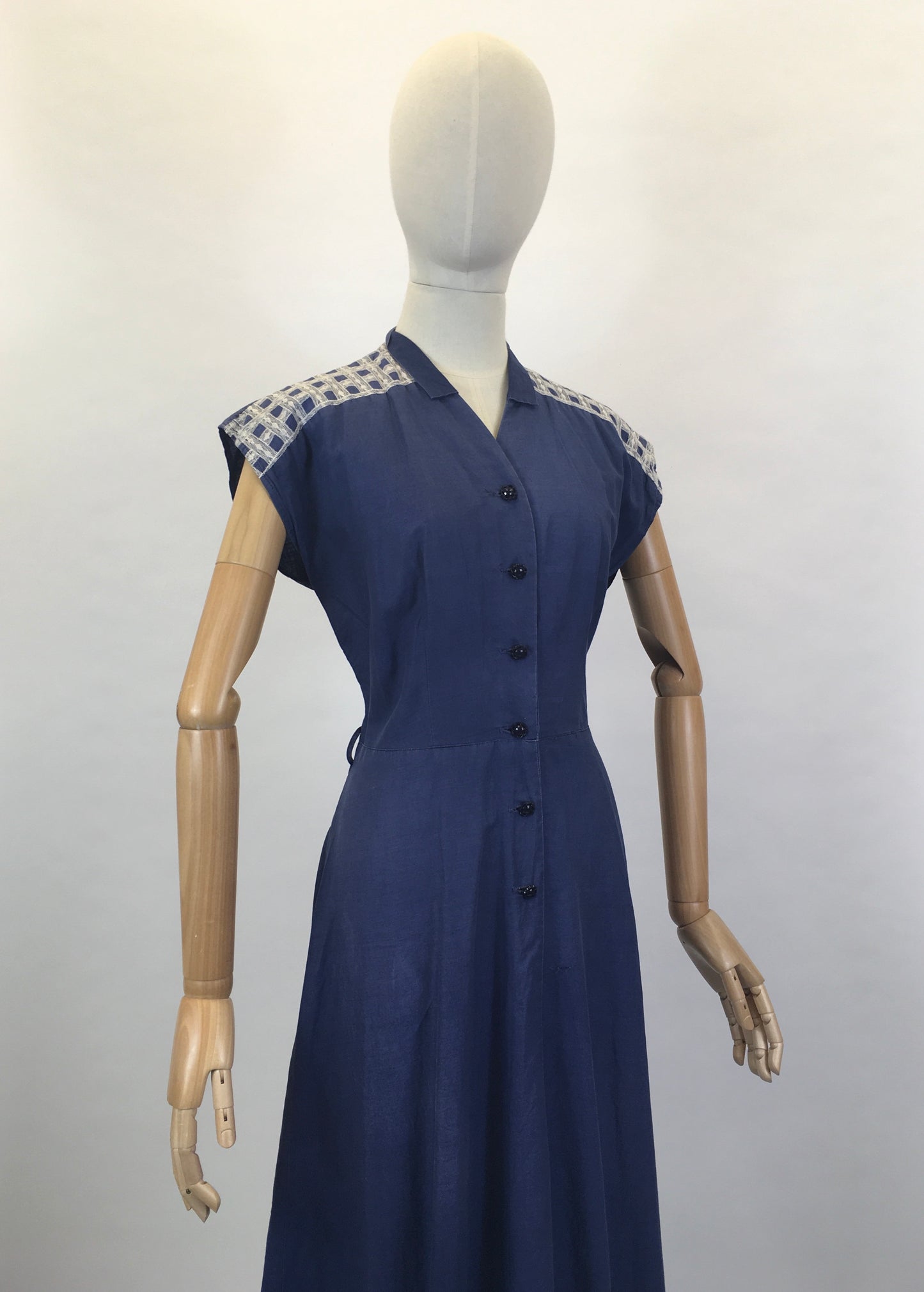 Original Early 1950’s Navy Cotton Dress - With Embroidered Detailing To The Shoulders