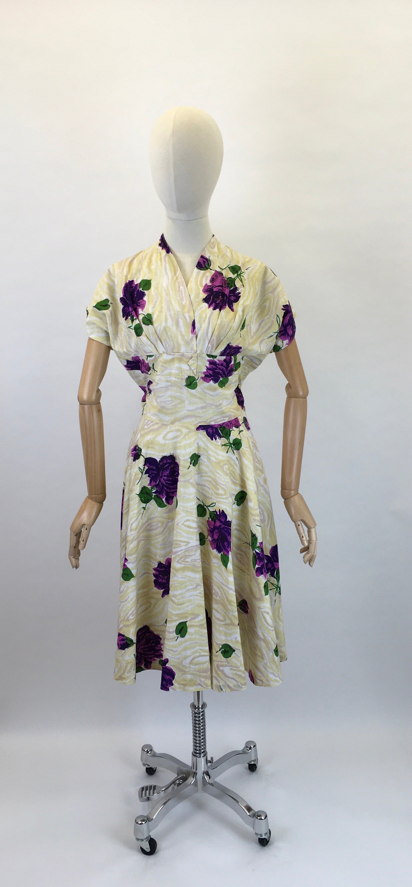 Original 1950s Darling Dress By ‘ Coopella’ - In a Lightweight Cotton In Yellow Swirls with Rich Purple Roses