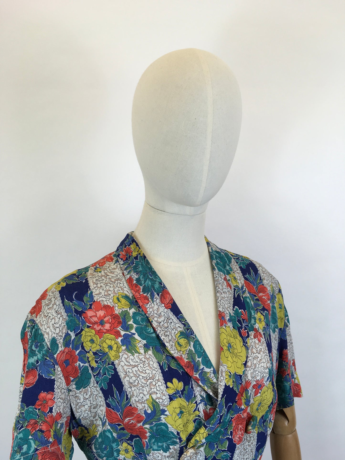 Original 1940’s STUNNING Fine Crepe Day Dress - Floral Brights in Reds, Blues, Chartreuse, Peacock and Fawns