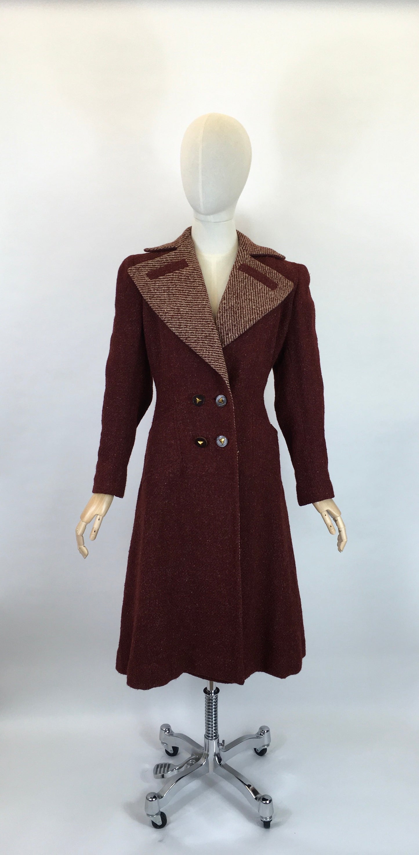 Original 1940’s STUNNING Deep Wine Woollen Coat - With An Impeccable 40’s Silhouette & Detailing