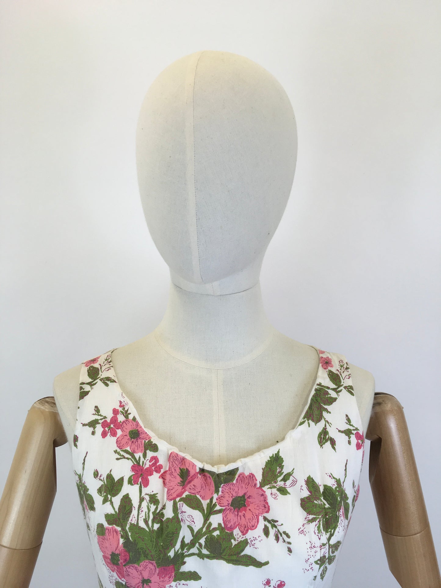 Original 1950’s Darling Cotton Sundress - In A Pink Floral with Green Fauna