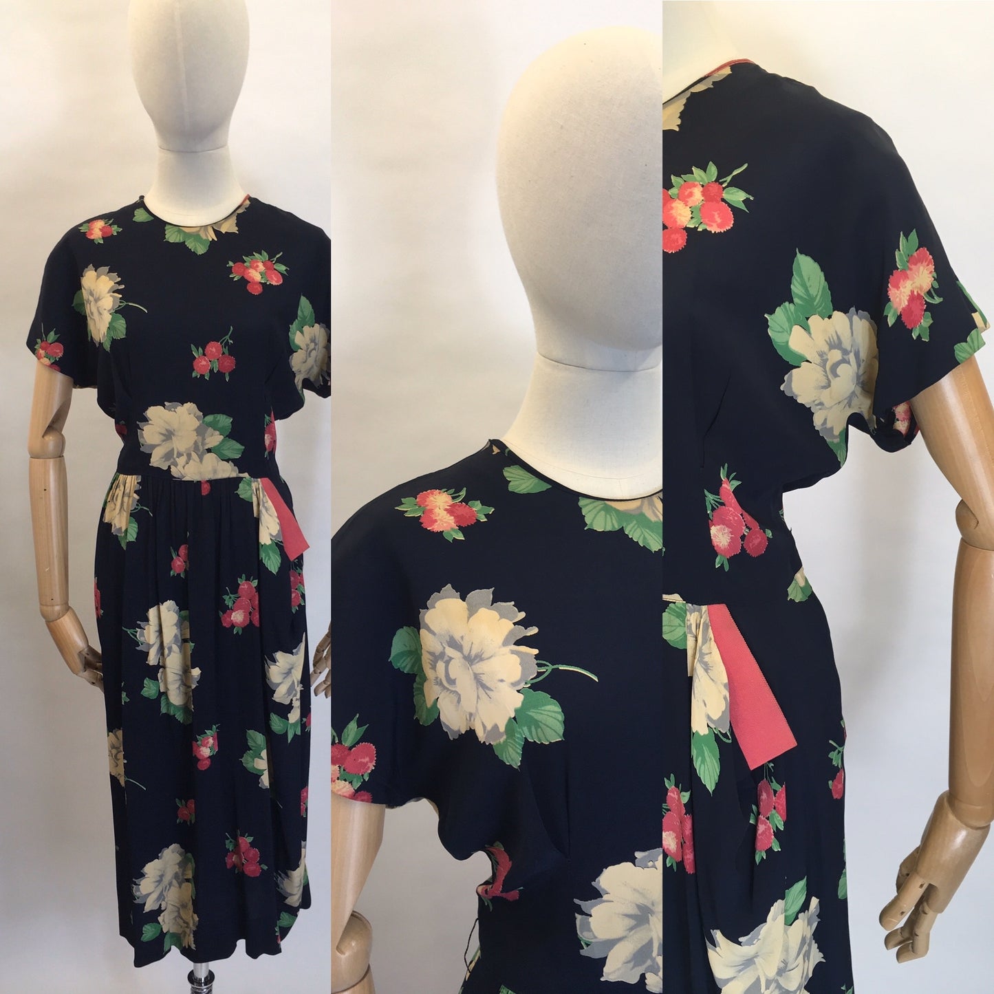 Original 1940's Stunning Floral Rayon Dress - Darling Whimsical Colour Pallet