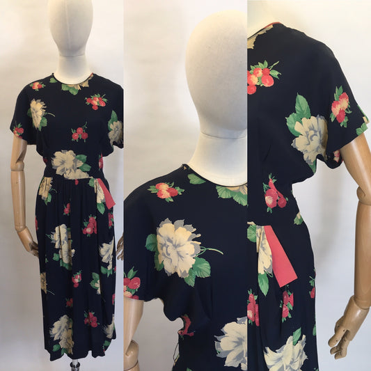 Original 1940's Stunning Floral Rayon Dress - Darling Whimsical Colour Pallet